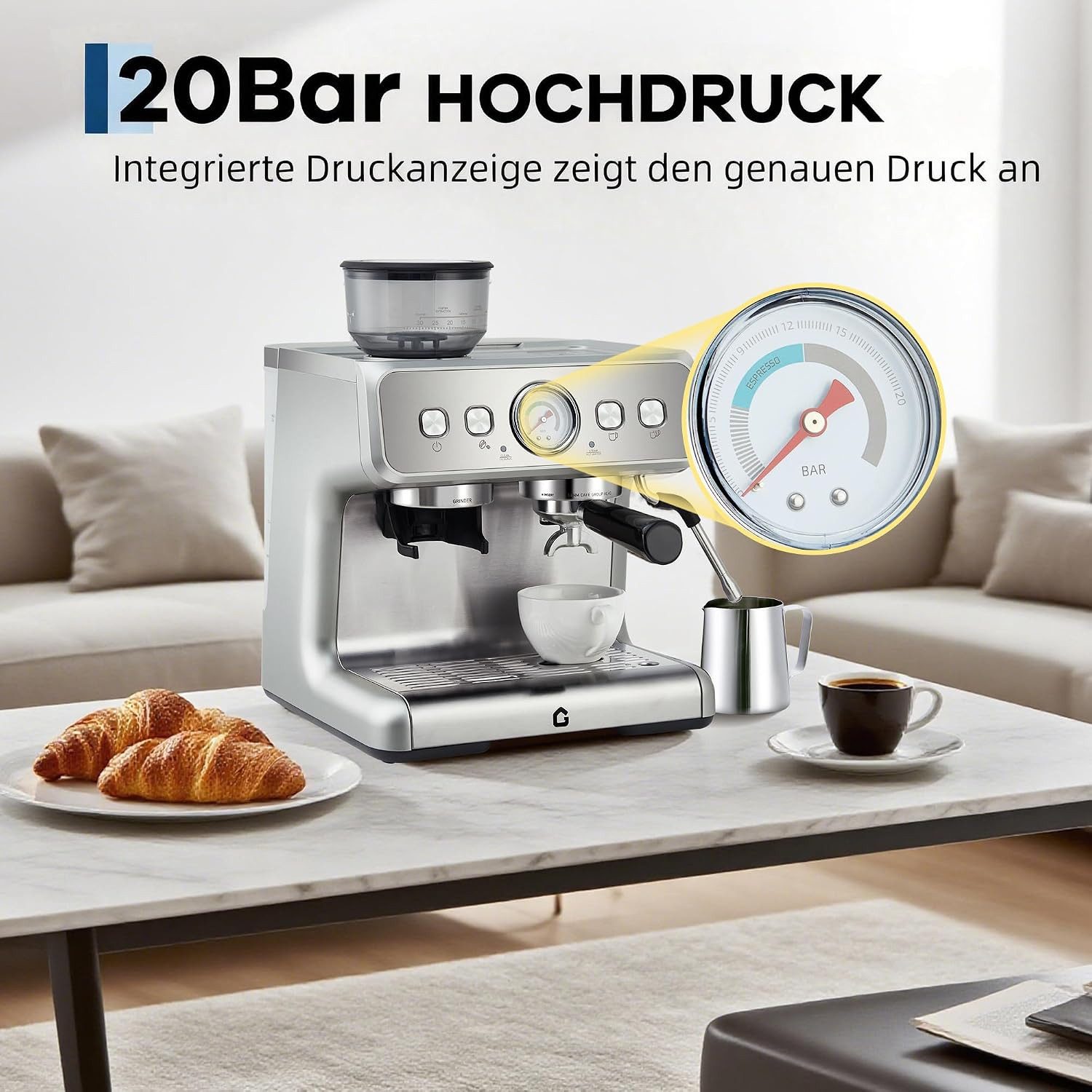 GarveeMore Espressomaschine CM5020B-GS, 2,8l Kaffeekanne, mit Kegelmahlwerk & 20 Bar Druck,Dampfrohr,Heißwasser & 30 Mahlstufen
