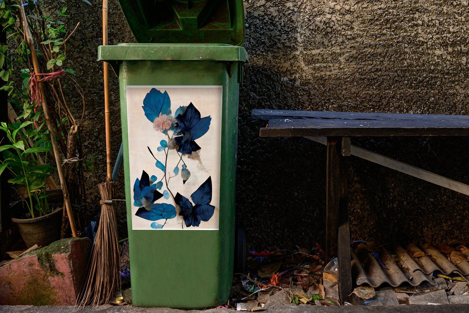 Mülleimer-aufkleber, - St), Wandsticker - Mülltonne, Abfalbehälter Sticker, MuchoWow (1 - Blau Container, Blätter Blumen Pflanzen