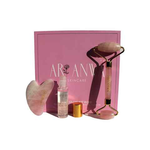 ARI ANWA Skincare Gesichtspflege-Set The Glow Kit Rose, Rosenquarz Roller + Gua Sha + Roll On Rosenwasser