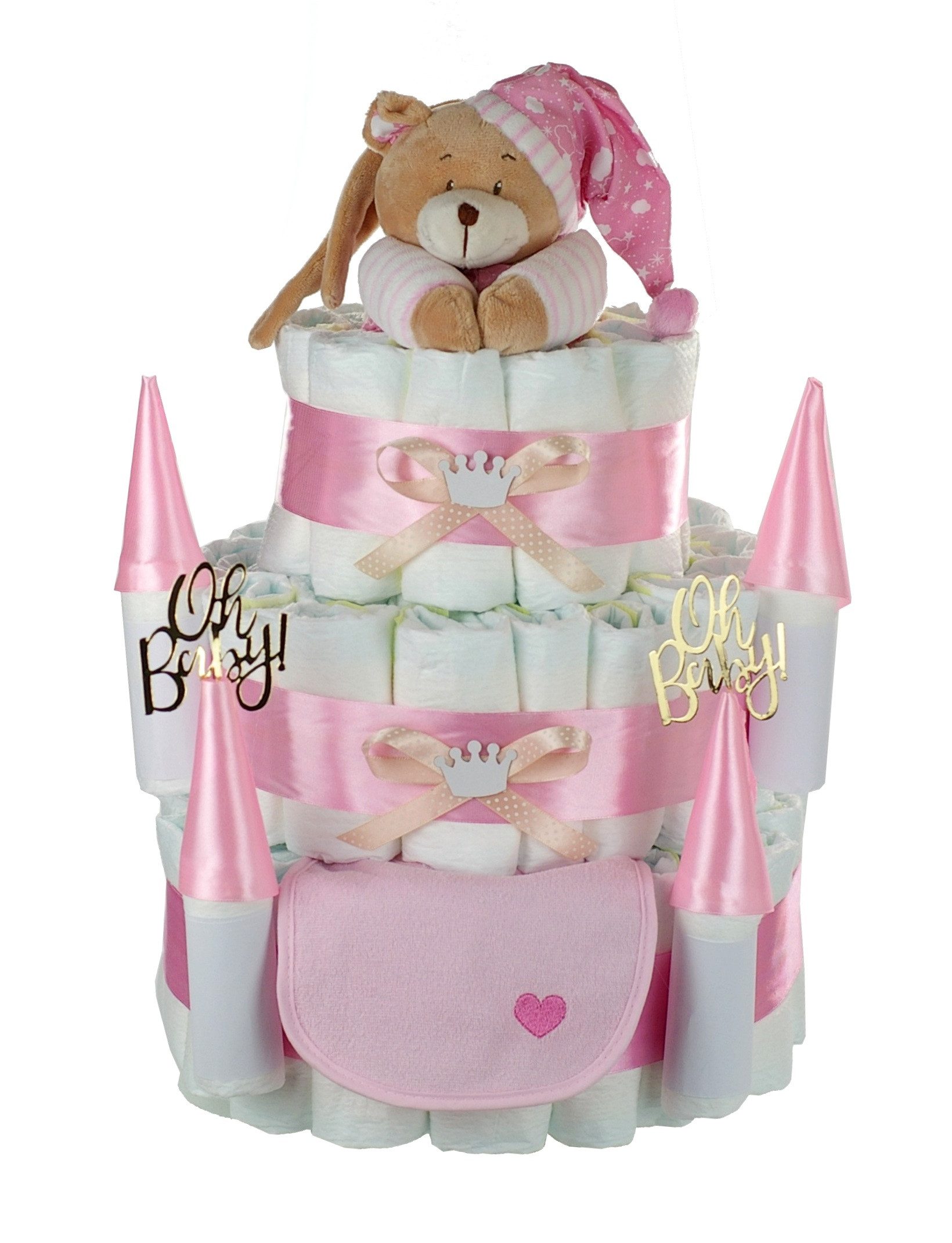 dubistda-WINDELTORTEN- Neugeborenen-Geschenkset Große Windeltorte Windelschloss, Musikspieluhr Bär rosa (3-stöckig, Geschenk zur Geburt) personalisierbar