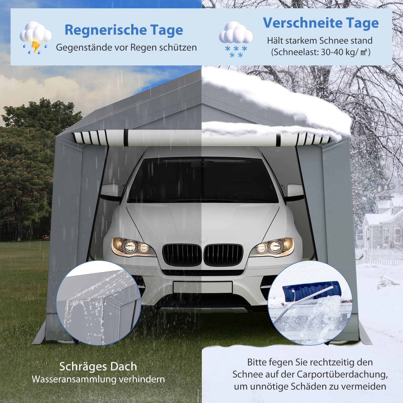 COSTWAY Einzelcarport Garagenzelt, mit Türen, mobile