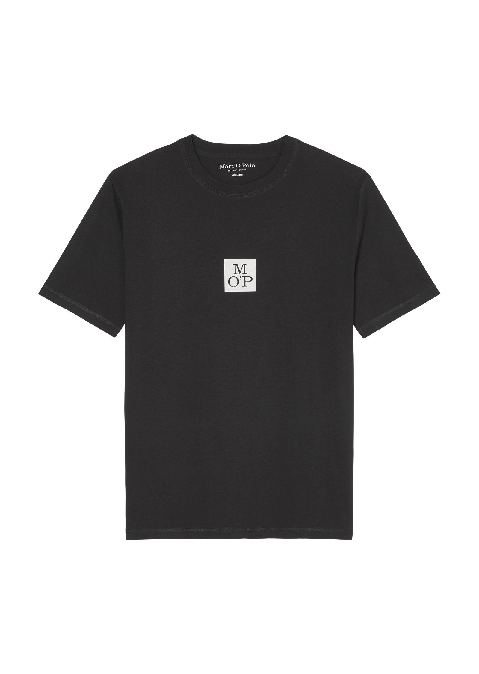 Marc O'Polo T-Shirt T-Shirt hem neckline, print, with kontrastfarbenem mit Logo details, straight black flatlock ribbed