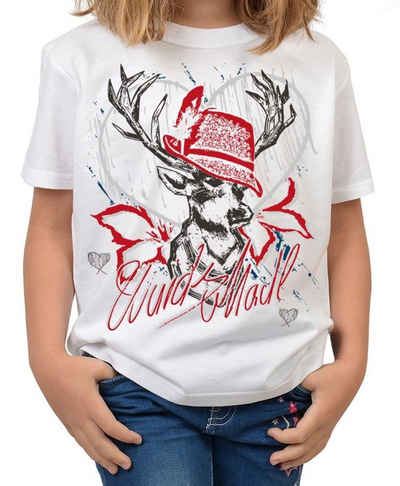 Tini - Shirts T-Shirt Mädchen Trachten Motiv Shirt Bayrisches Trachten Kinder-Shirt / Hirsch T-Shirt für Mädchen : Wuids Madl (Hut rot)