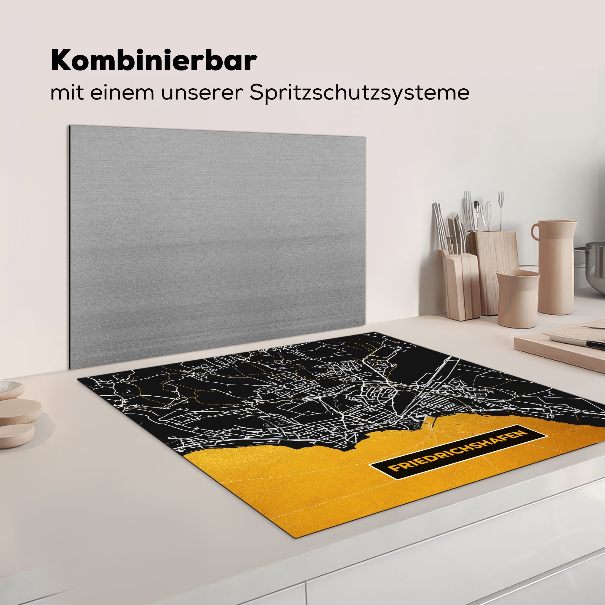Herdblende-/Abdeckplatte Friedrichshafen, für Gold küche Vinyl, cm, MuchoWow tlg), - - - - Ceranfeldabdeckung, Arbeitsplatte Deutschland Karte (1 Stadtplan 78x78