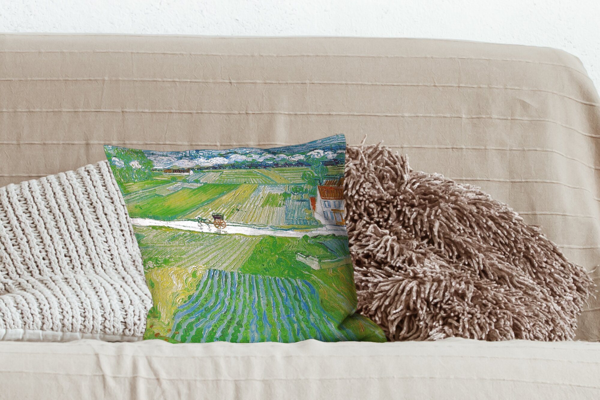 Deko, Zierkissen mit Dekokissen Wohzimmer, Landschaft für Schlafzimmer, mit Vincent Füllung Kutsche - Zug und Sofakissen van MuchoWow Gogh,