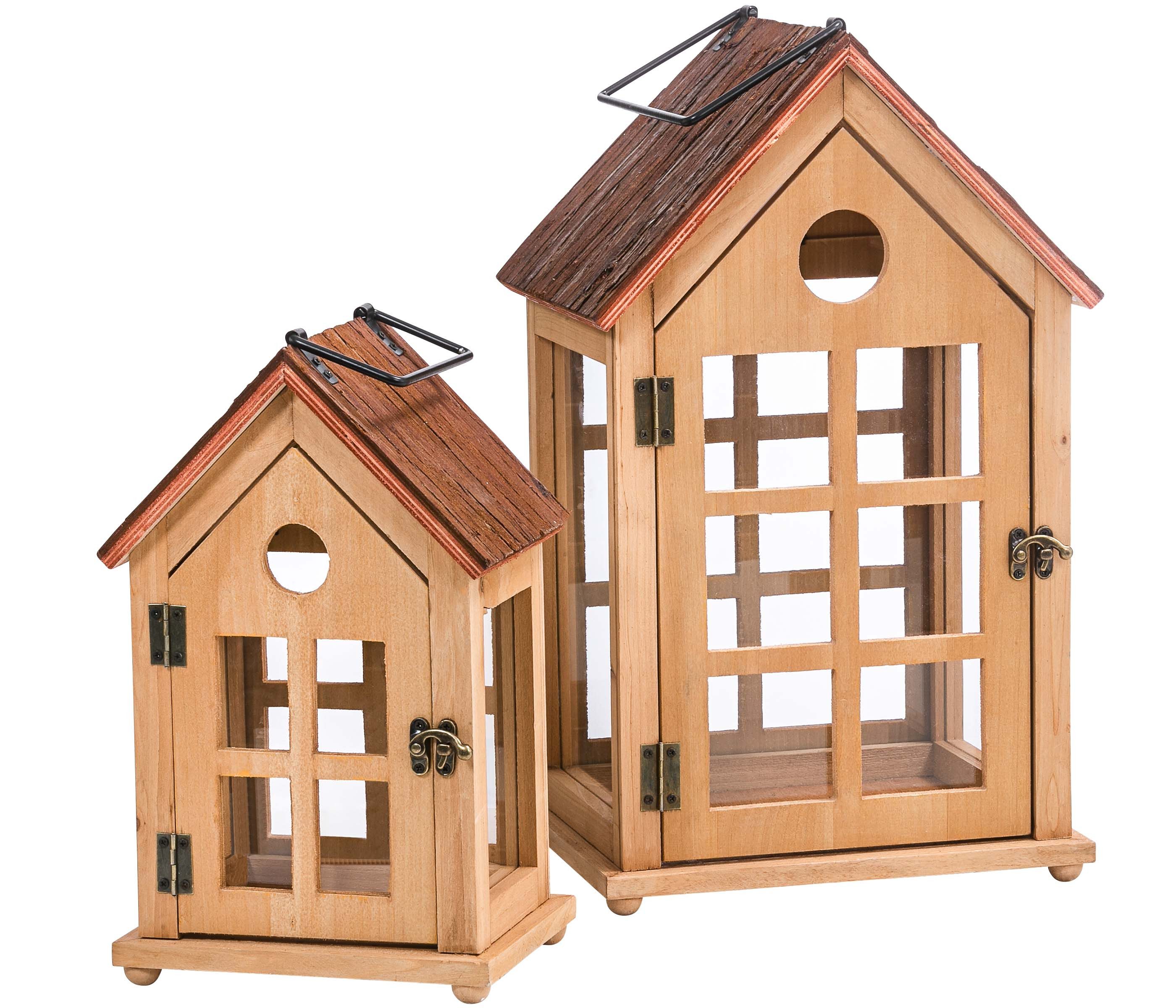 Dehner Laterne Laterne Sybille 2er Set, Höhe 44.5 / 31.5 cm, Holz mit Glasfenstern, Windlicht für Herbst, Weihnachten