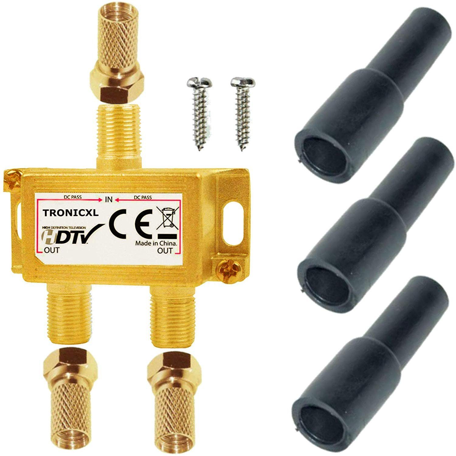 TronicXL SAT-Verteiler Sat Splitter 2-Fach + F-Stecker + Wetterschutz Kappe vergoldet TV