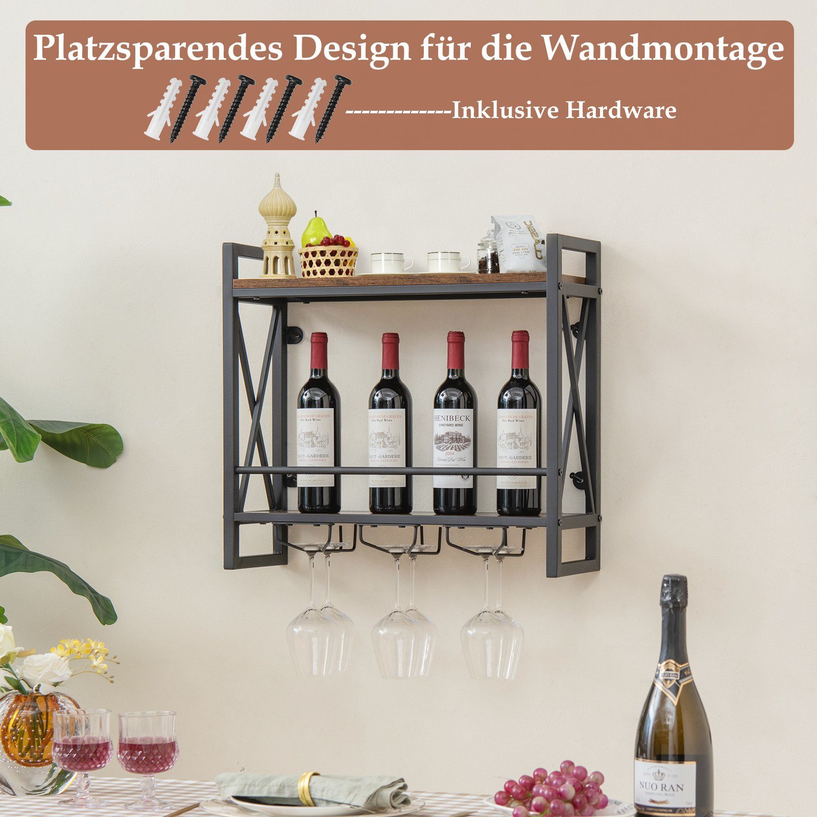 COSTWAY Weinregal, Wand, Holz mit Metallrahmen, günstig online kaufen