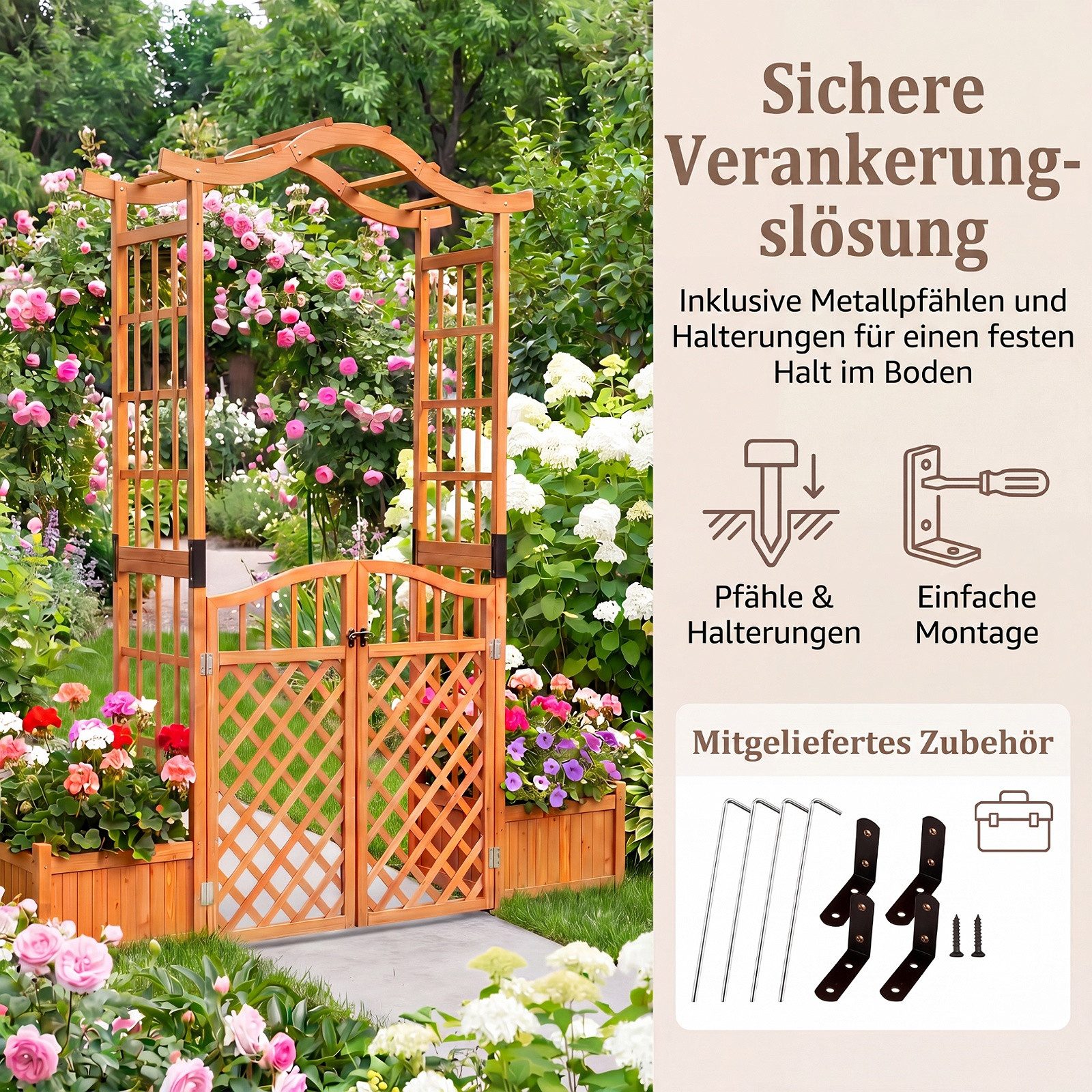 KOMFOTTEU Rosenbogen, Gartenbogen mit 2 Blumenkasten & Doppeltüren