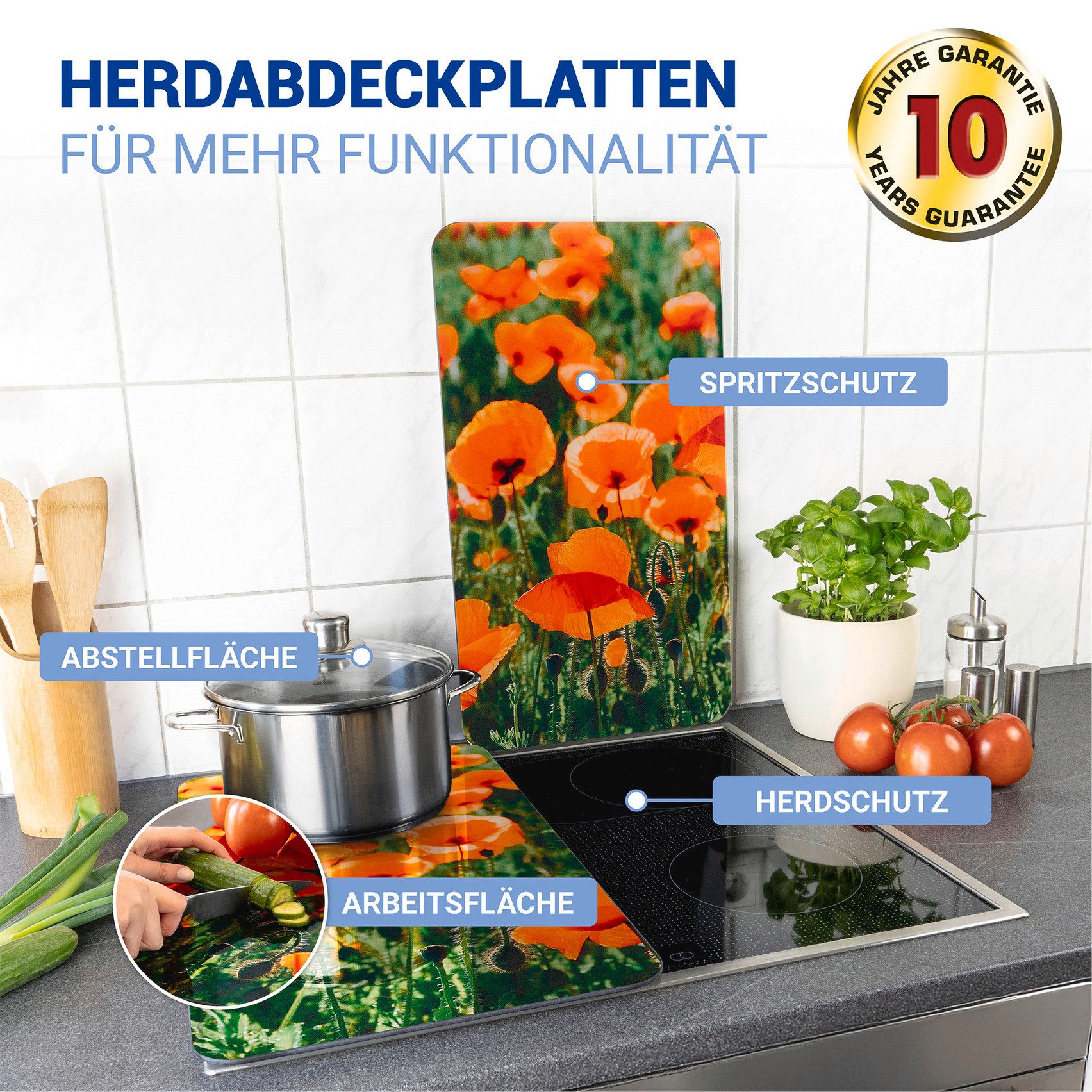 WENKO Herd-Abdeckplatte Universal Modell Mohnfeld, Glas, Kunststoff, (Set, 2 tlg), Herdabdeckung für alle Herdarten, kratzfest, mit rutschfesten Füßen