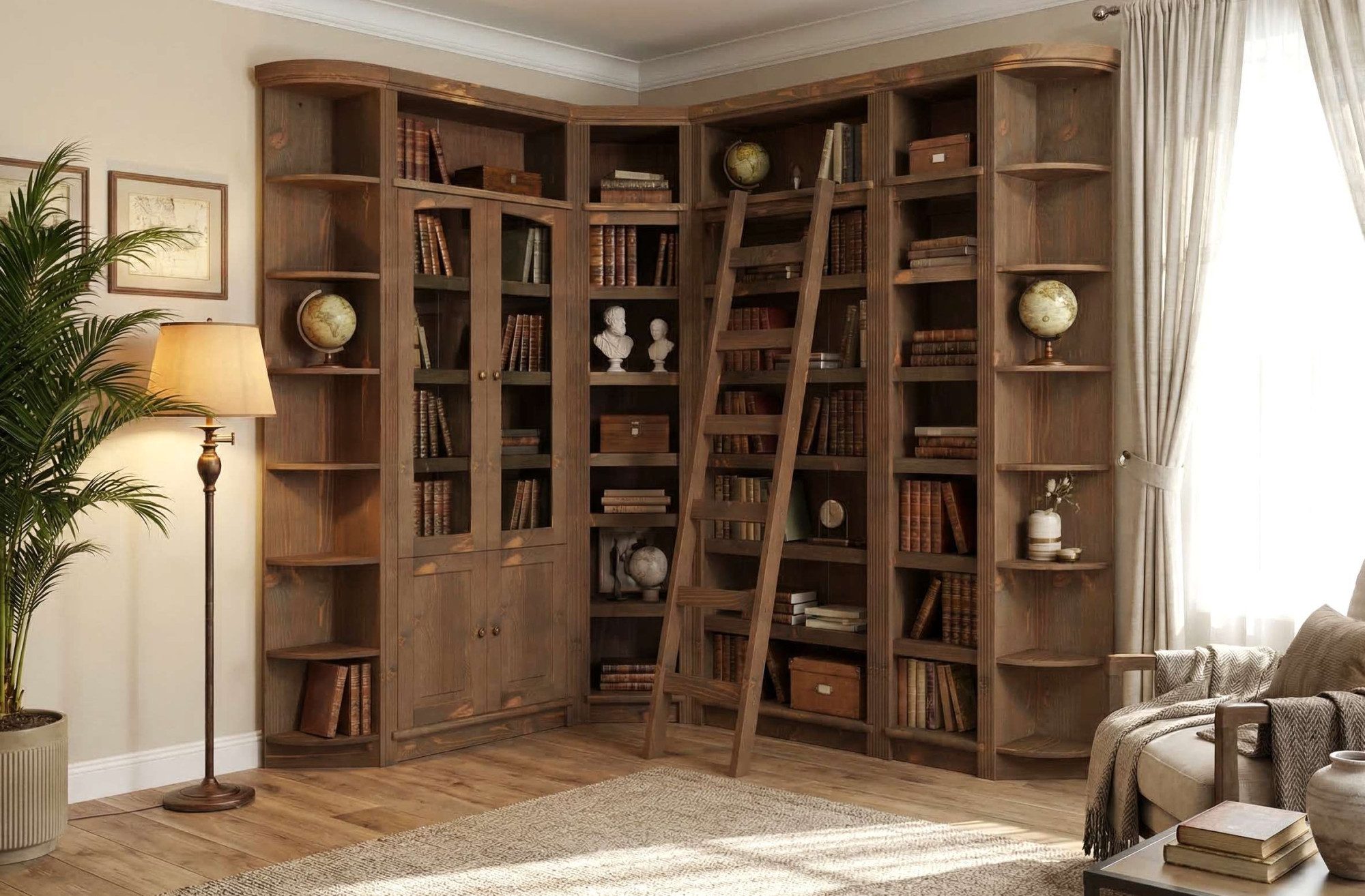 OTTO home Bibliothek Soeren - 7-tlg. Set: mit 1 Regal B 80 cm., 1 Regal B 40 cm, 1 Eckregal, Set 7-tlg., Inkl. 1 Vitrine,2 gerundeten Abschlussregalen und 1 Holzleiter,H220 cm