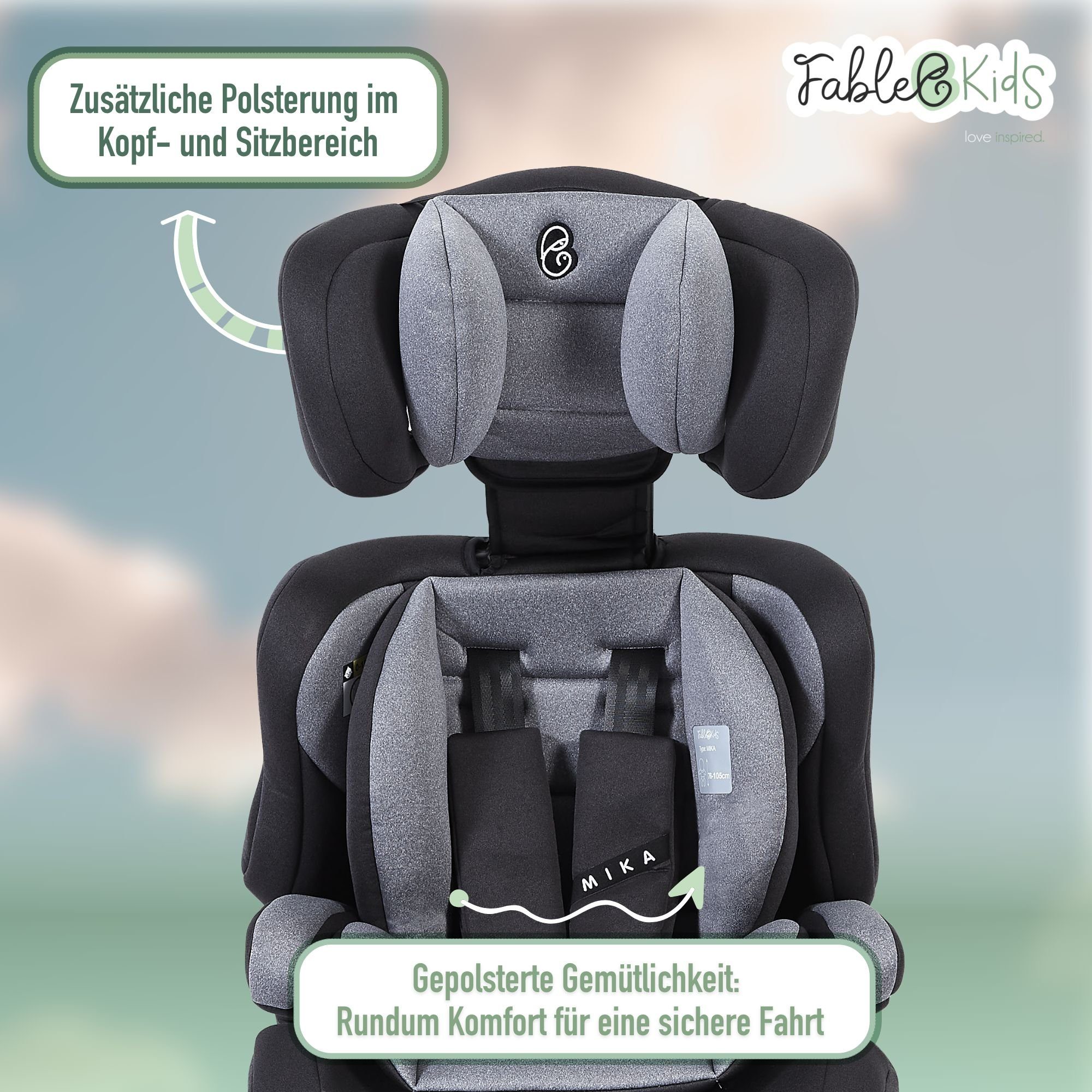 FableKids Autokindersitz Sitzerhöhung i-Size 76–150 cm, vorwärtsgerichtet, 3-Punkt-Gurt, ab: 15 Monaten, bis: 12 Jahre, Pflegeleicht: Bezug abnehmbar und waschb – Bild 5 von 5