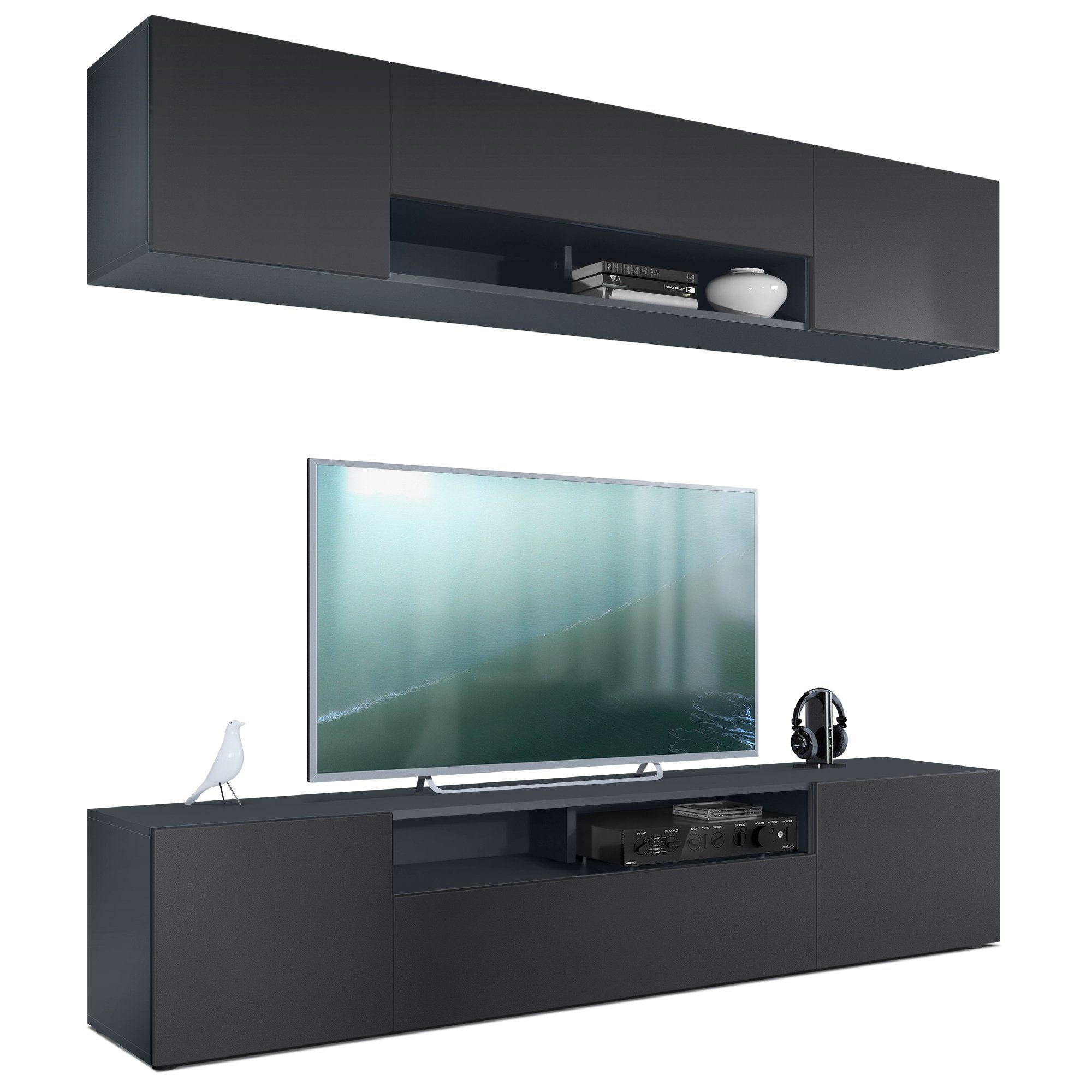 Vladon Wohnwand Fach), x Türen, (Anbauwand und in Klappe jeweils offenes Mogan, Fronten matt matt matt/Schwarz 39 (181 mit TV-Boards, aus bestehend 35 Schwarz 2 1 cm) x 2-St., Anthrazit 2 2x 1