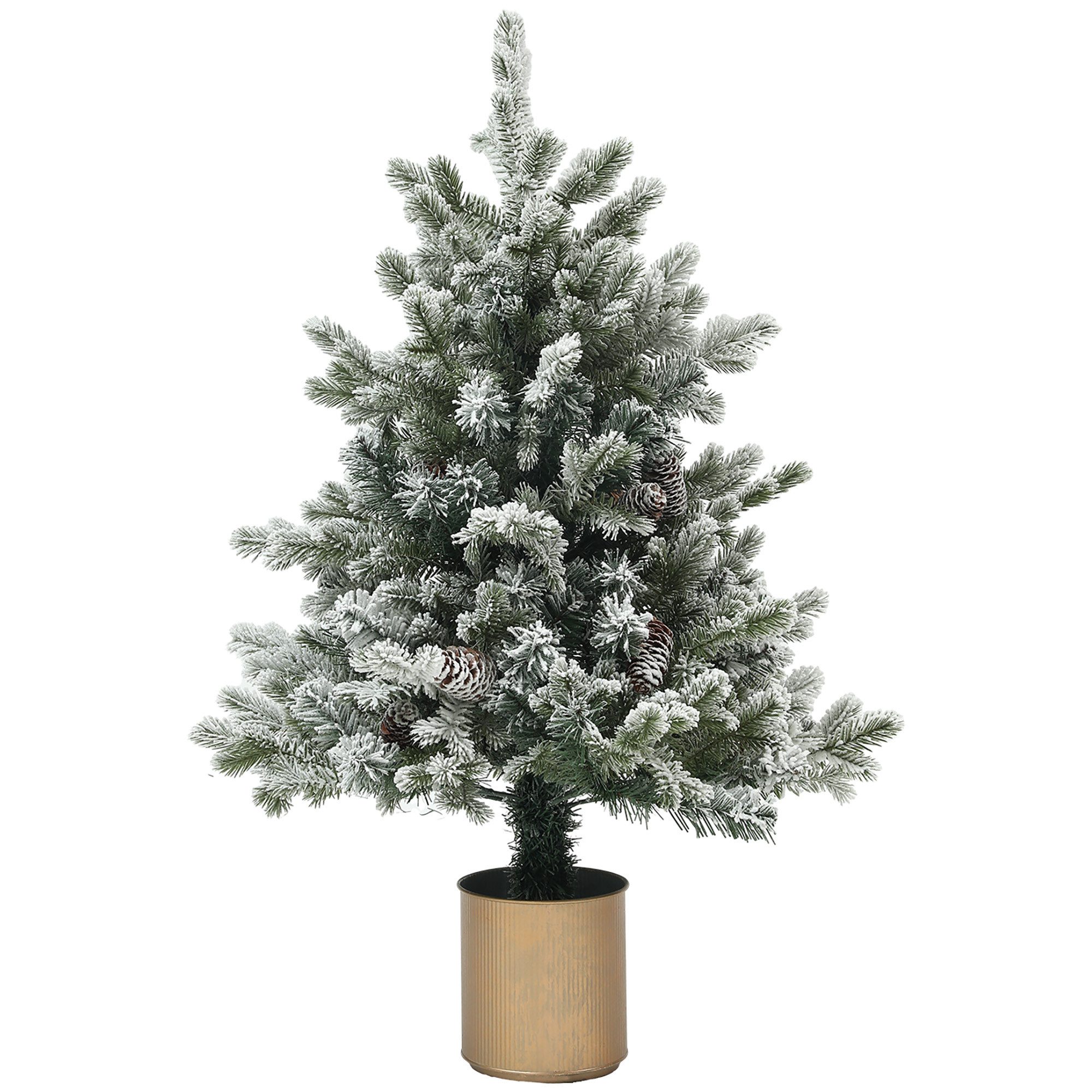 HOMCOM Künstlicher Weihnachtsbaum 100 cm, mit 130 Spitzen, Kunstschnee, Blumentöpfe, flammenhemmend, Künstlicher Baum, für Weihnachten Deko, grün+gold