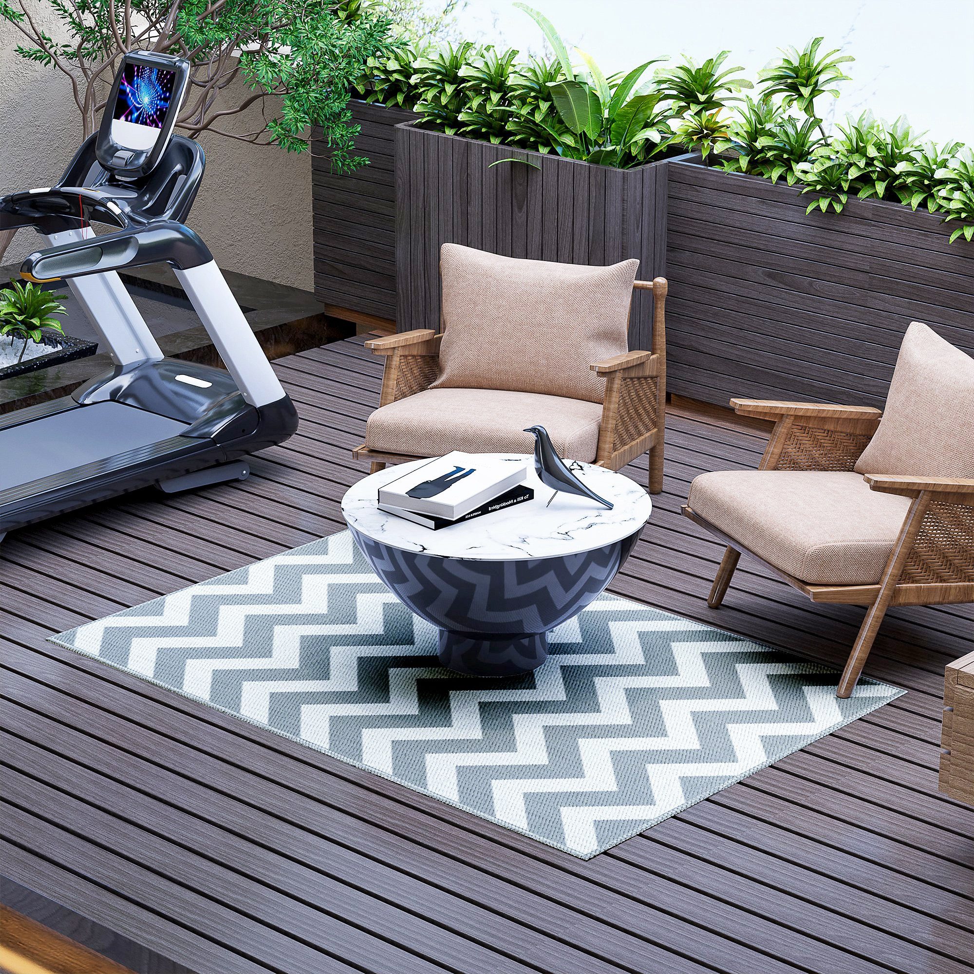 Outsunny Outdoorteppich wasserdichter Kunststoffteppich, für Terrasse, Balkon, Rechteck, Höhe: 0.3 mm, Hellgrau, Weiß, 121 x 182 cm