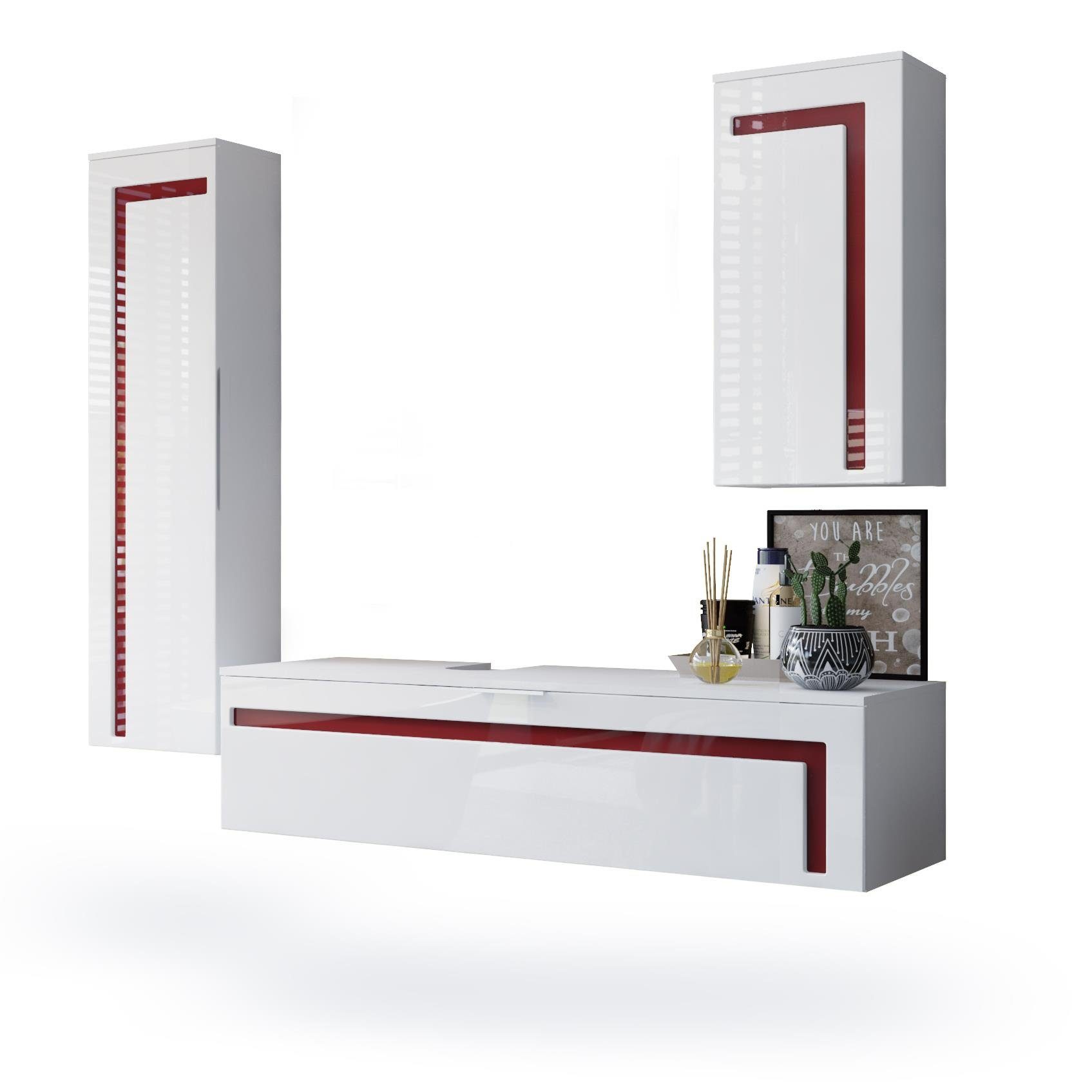 Vladon Badmöbel-Set Aloha, (Badezimmer-Set, mit 2 Hochschränken und 1 Unterschrank), Weiß matt&glänzend, Absetzungen in Bordeaux glänzend (210x51x185 cm)