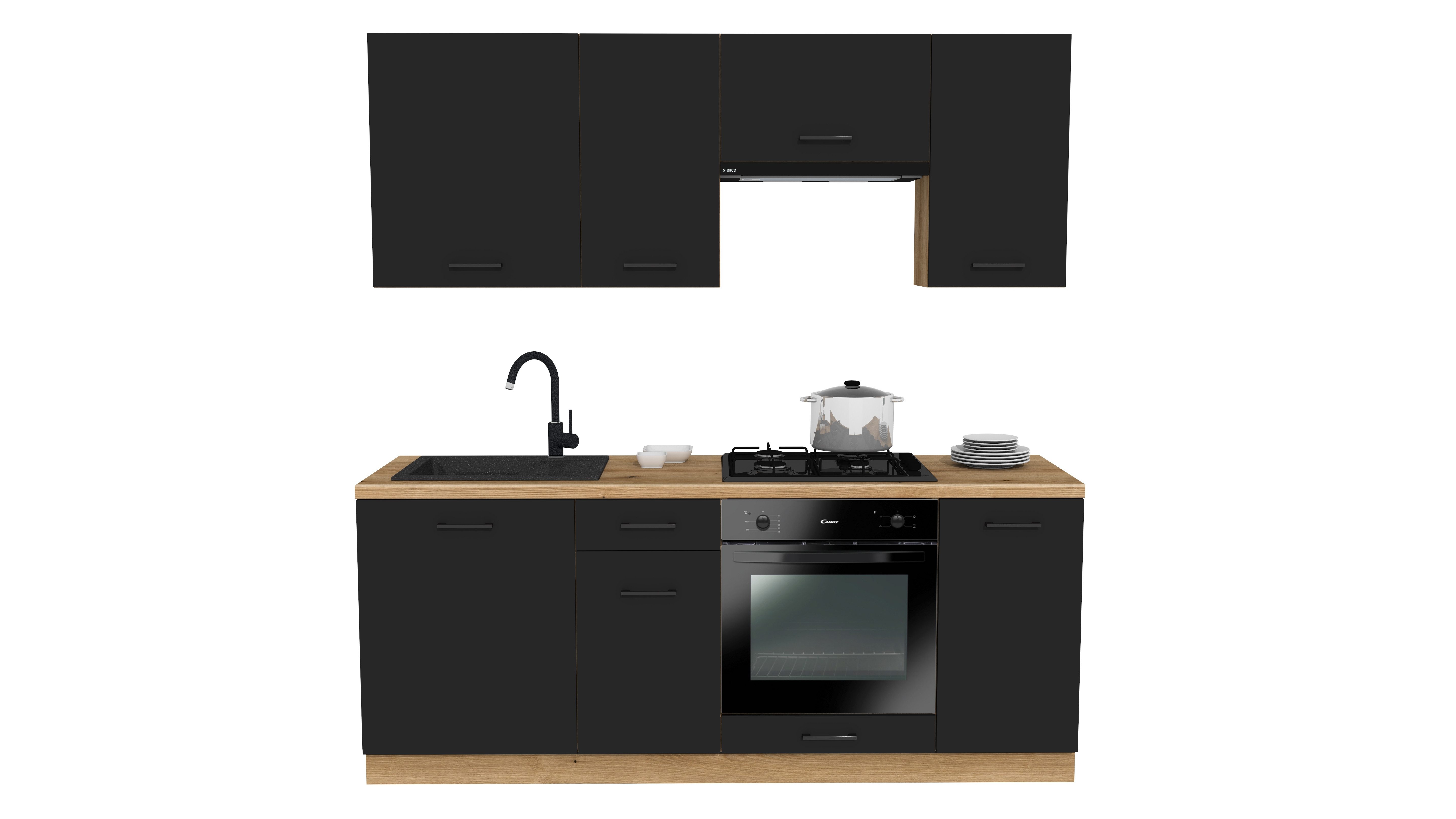 ROYAL24_MARKT Küchenzeile - SIMPLY Z3 200 cm - Schwarz Matt / Eiche, (Komplett Set), Top Materialien - Zeitloser Stil - Beste Verarbeitung