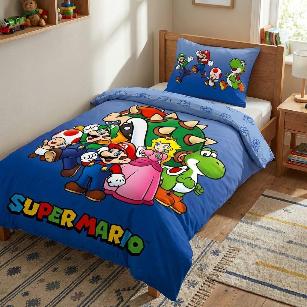 Super Mario Bettwäsche Super Mario Luigi Bowser Peach Bettwäsche Set, 2 teilig, 135-140 x 200 Deckenbezug 60x70cm Kissenbezug