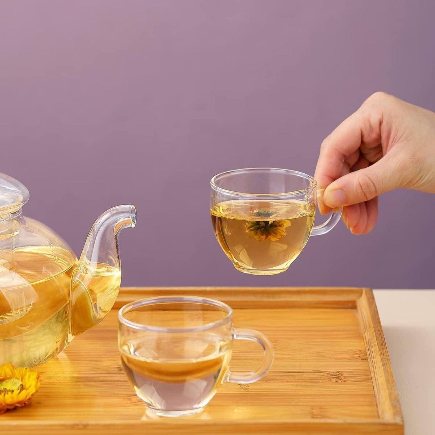 LuxusKollektion Teekanne Glas Teekanne 1000 ml mit Teesieb, 4 Teetassen & mikrowellenfester