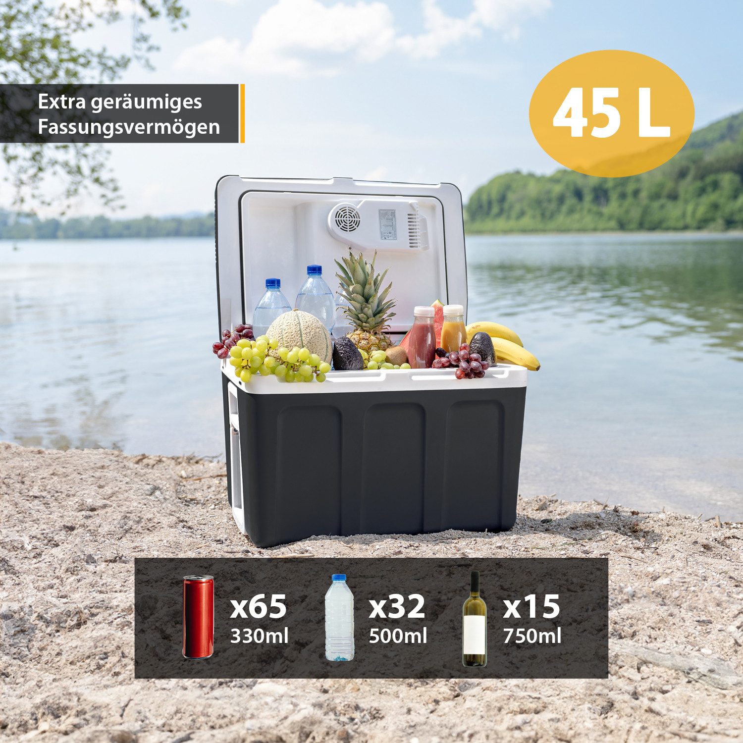 TZS FIRST AUSTRIA Elektrische Kühlbox Mobil Kühlschrank 45L, 12V /230V Anschluss, 12-V-Stecker fürs Auto, für Camping, Festivals, Reisen, mit Kühl- und Warmhaltefunktion