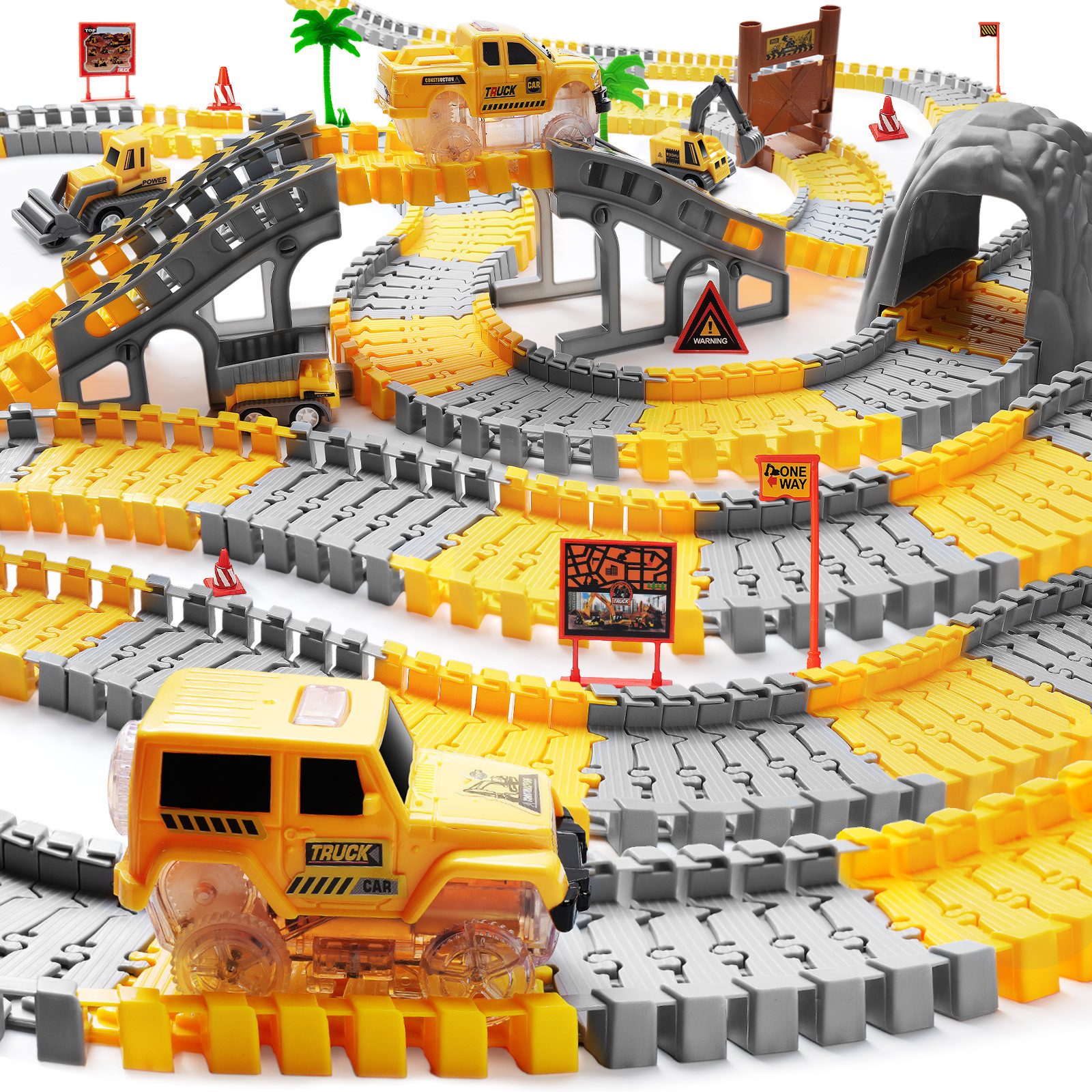 Coroiesty Autorennbahn DIY-Rennbahn Baustellen-Set, Perfektes Geburtstagsgeschenk für Kinder, (Set), Flexible Schienen, 360°-Loop, beleuchteter Rennwagen, Baufahrzeuge
