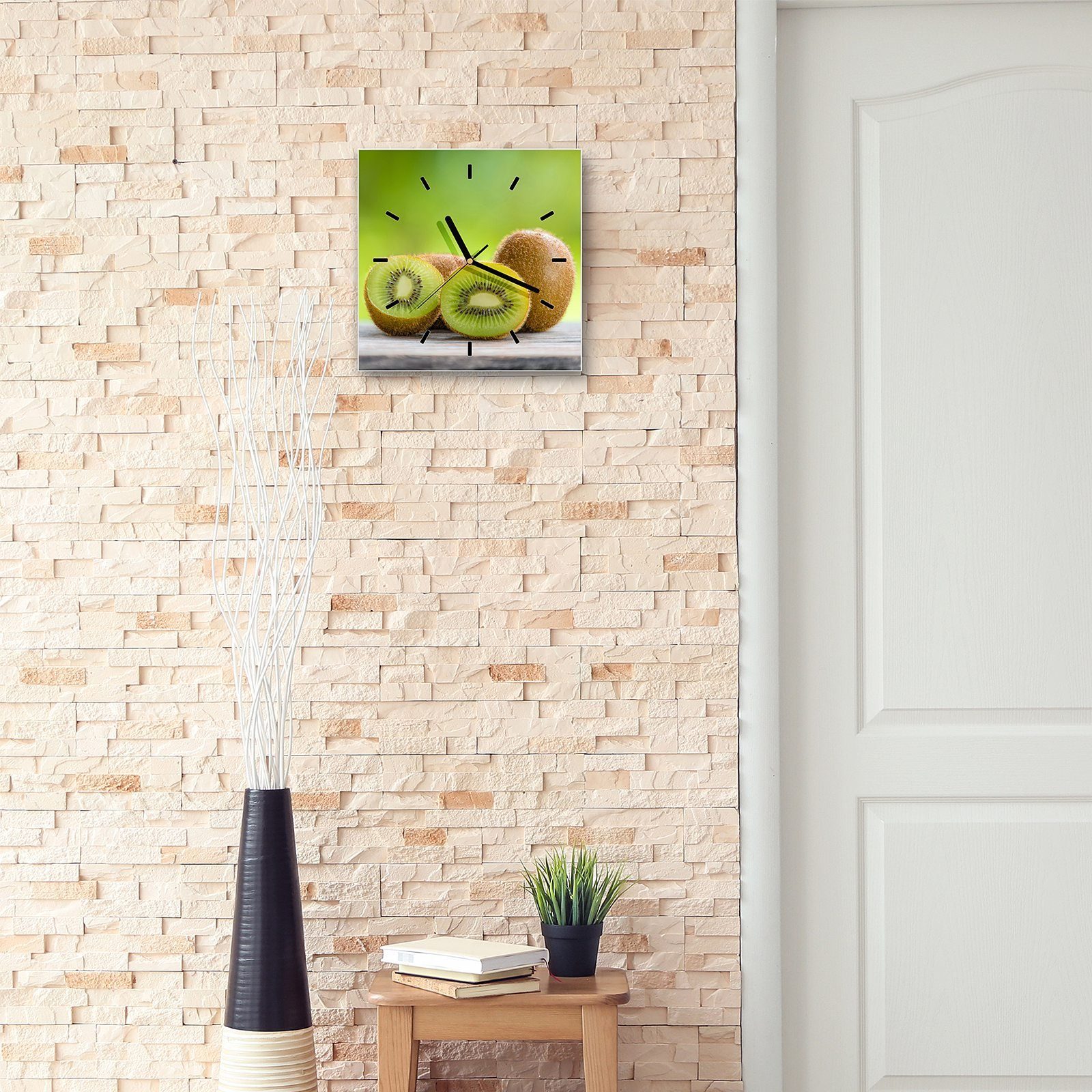 Primedeco Wanduhr Glasuhr Tisch Kiwis x auf Wanduhr mit Wandkunst 30 30 Größe cm Motiv