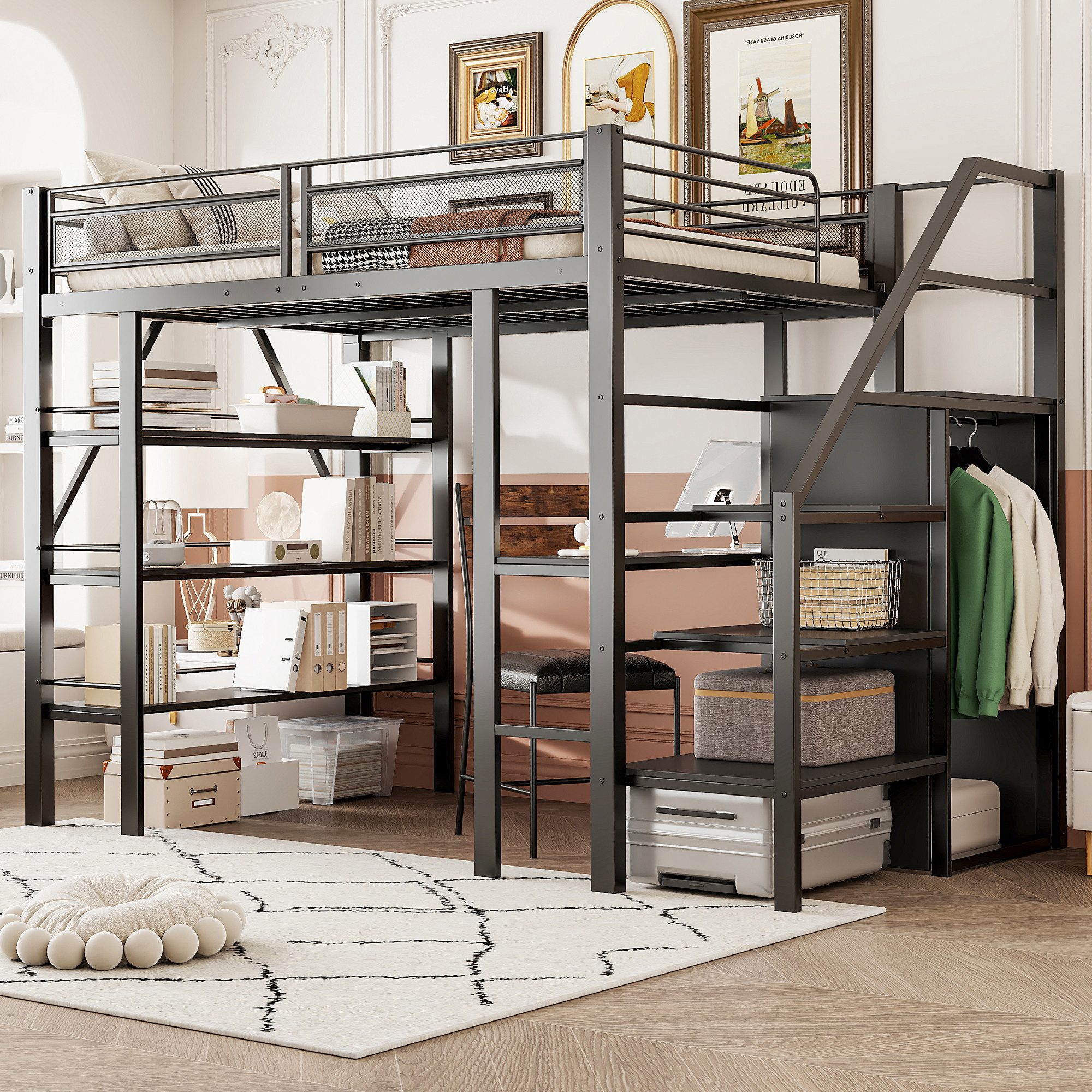 Flieks Hochbett Metallbett 140x200cm mit Schreibtisch Stauraumtreppe Kleide günstig online kaufen