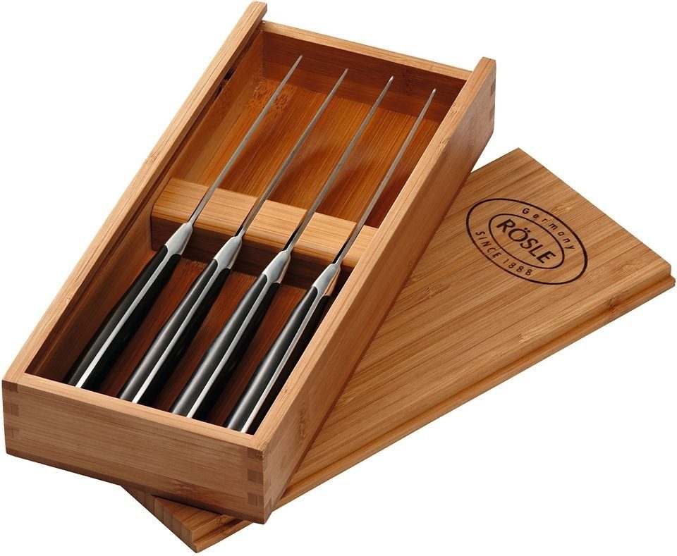 RÖSLE Steakmesser (4 Stück), 4 Steakmesser mit Klinge aus Klingenspezialstahl, inkl. Holzbox