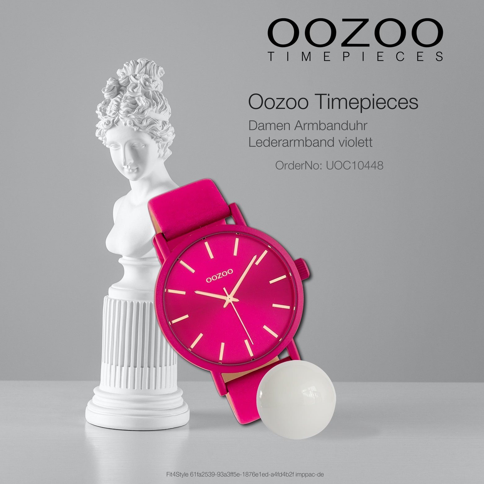 OOZOO Quarzuhr Oozoo Damen Armbanduhr fuchsia, 42mm), violett, fuchsia, (ca. Fashion groß Damenuhr Lederarmband rund