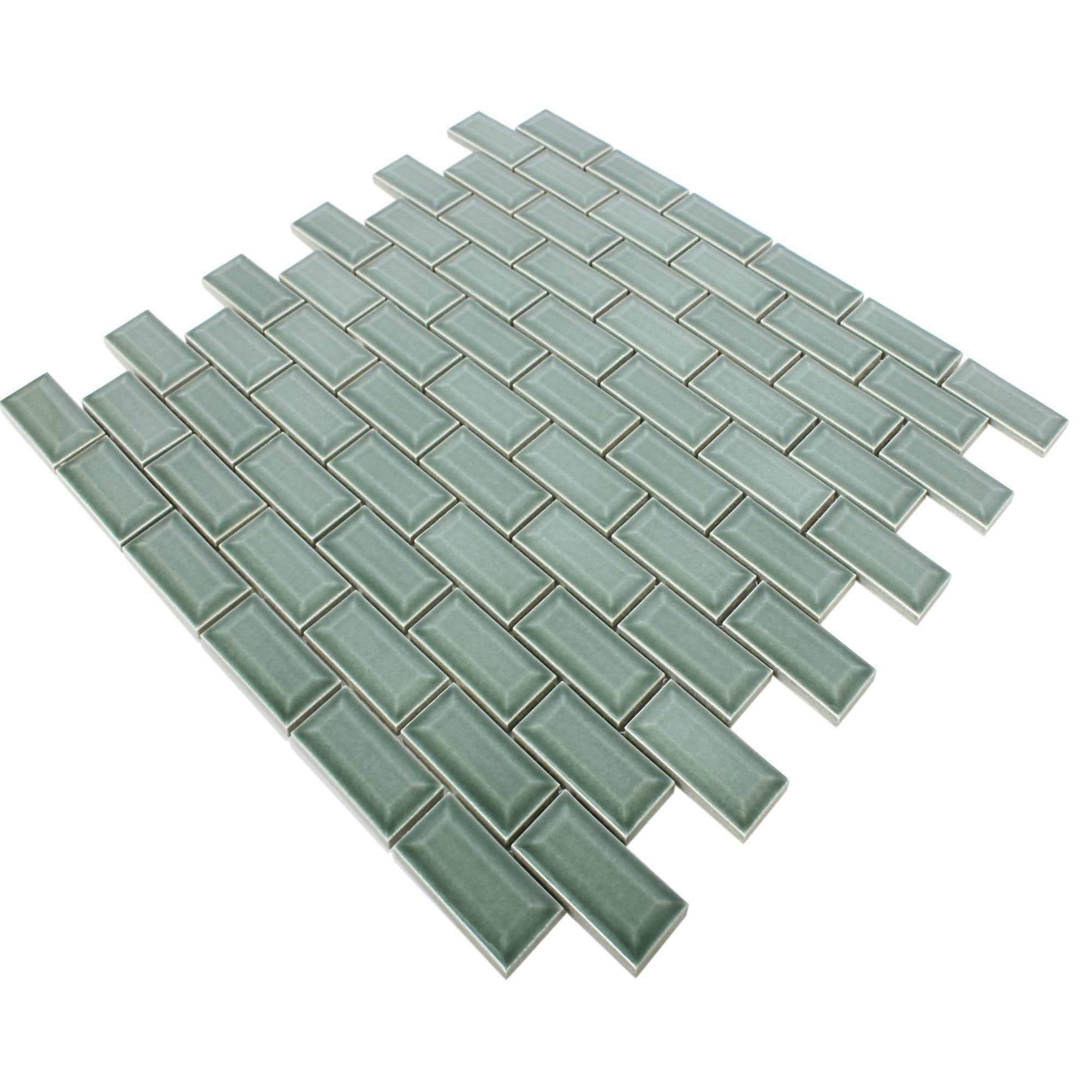 Mosafil Mosaikfliesen Mosaikfliesen Metro Keramik Picton Facette, Keramik 30.000x30.000, grün, Verlegefertig auf ein Netz geklebt - Frostsicher - Wasserfest