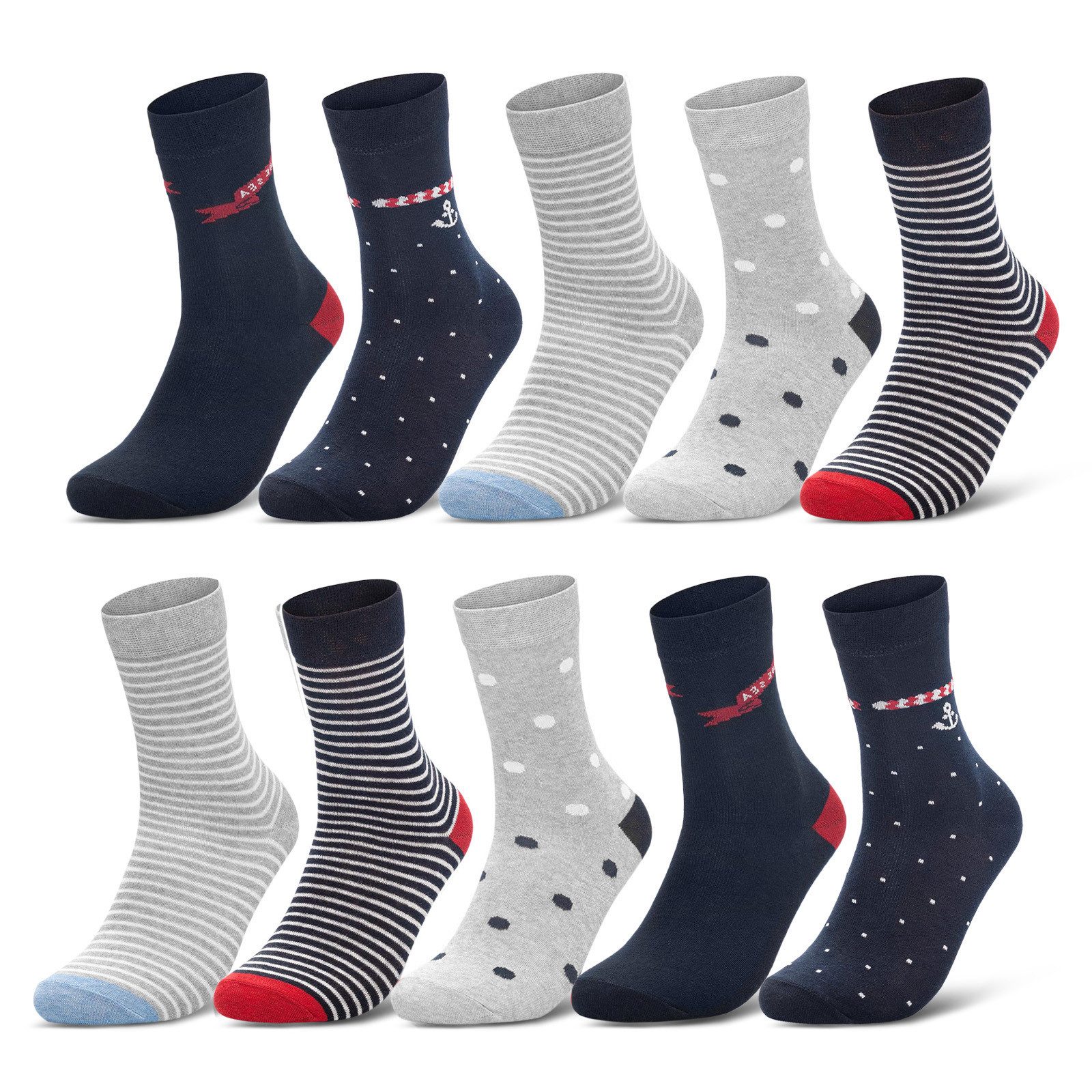 sockenkauf24 Basicsocken 10 Paar Damen Socken Mehrfarbig Streifen Punkte (34857, 39-42) Herzen Maritim Baumwolle