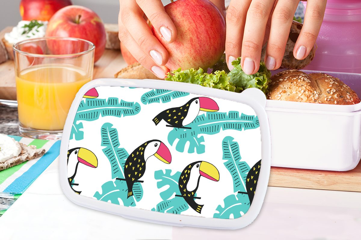 MuchoWow Lunchbox Muster - Dschungel Mädchen (2-tlg), Erwachsene, für für Jungs und Brotdose, Tukan, Kunststoff, Kinder und - weiß Brotbox