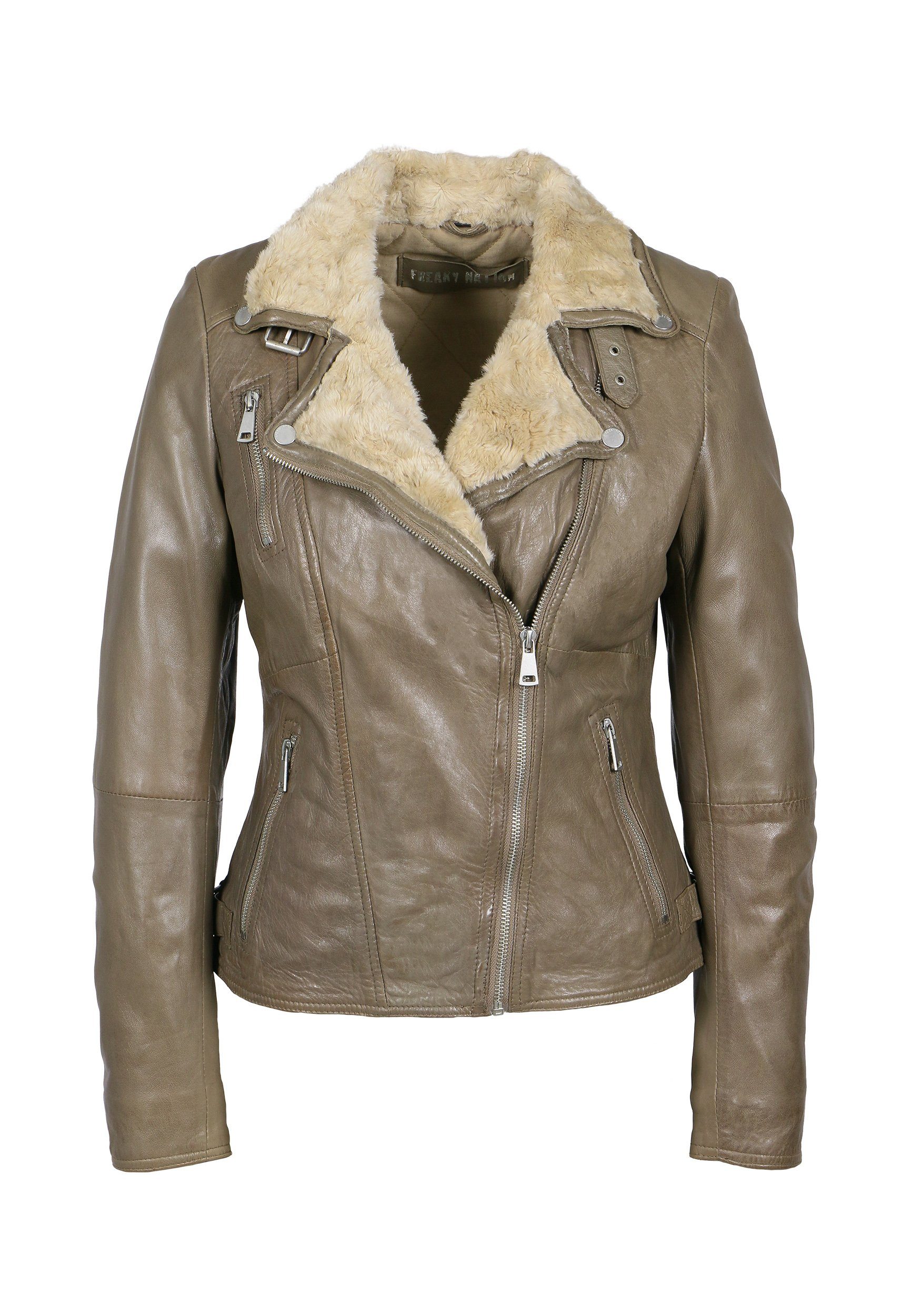 Freaky Nation Lederjacke Winter Biker shiitake/beige Kragen Weicher Gefüttert, Kunstfell Princess