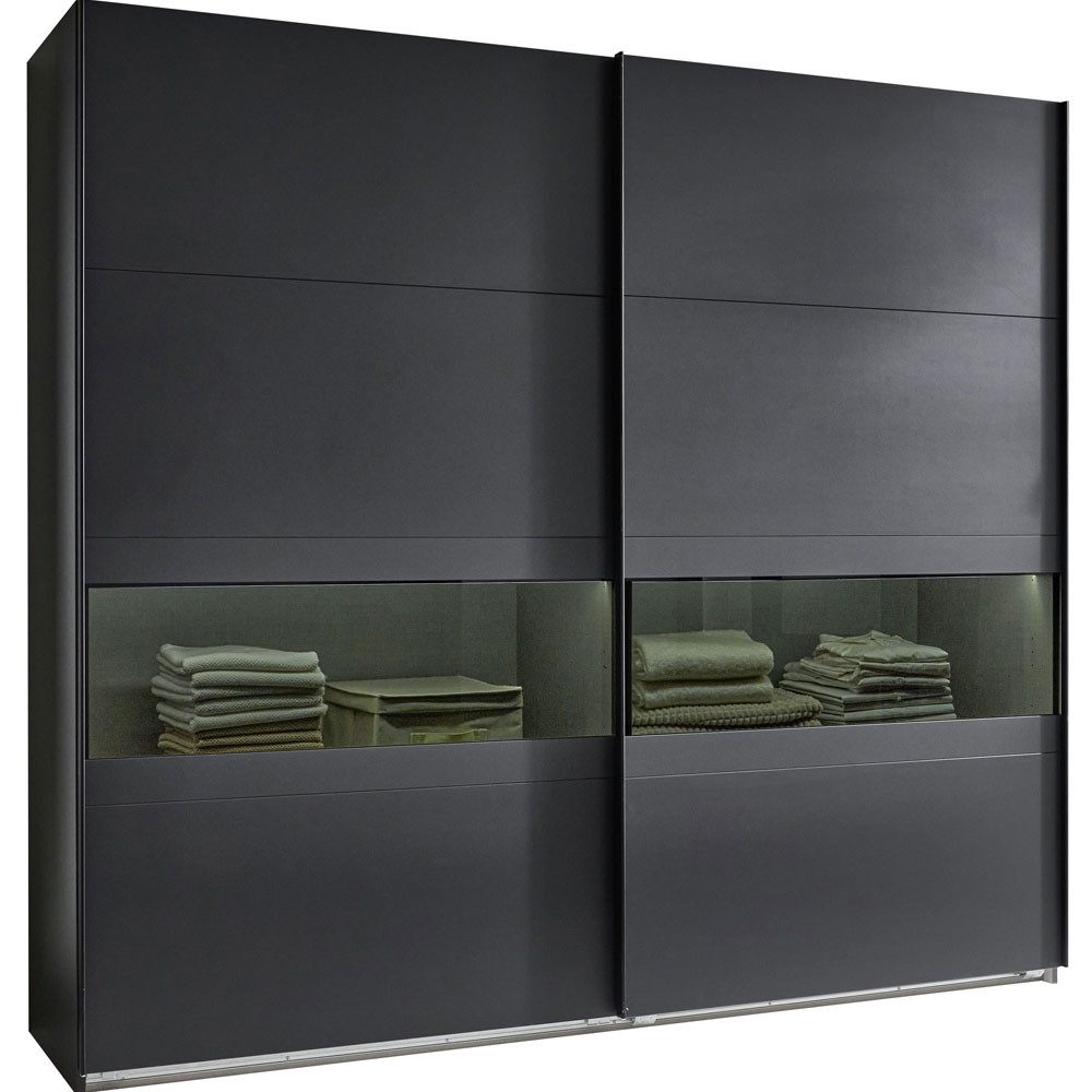Wimex Schwebetürenschrank Easy Plus (mit Einlegeböden, mit Kleiderstangen, 1-St., moderne Optik, schwarze Metallgriffleisten, mit Glaseinsatz) 225x65x208cm / graphit / Rauchglas