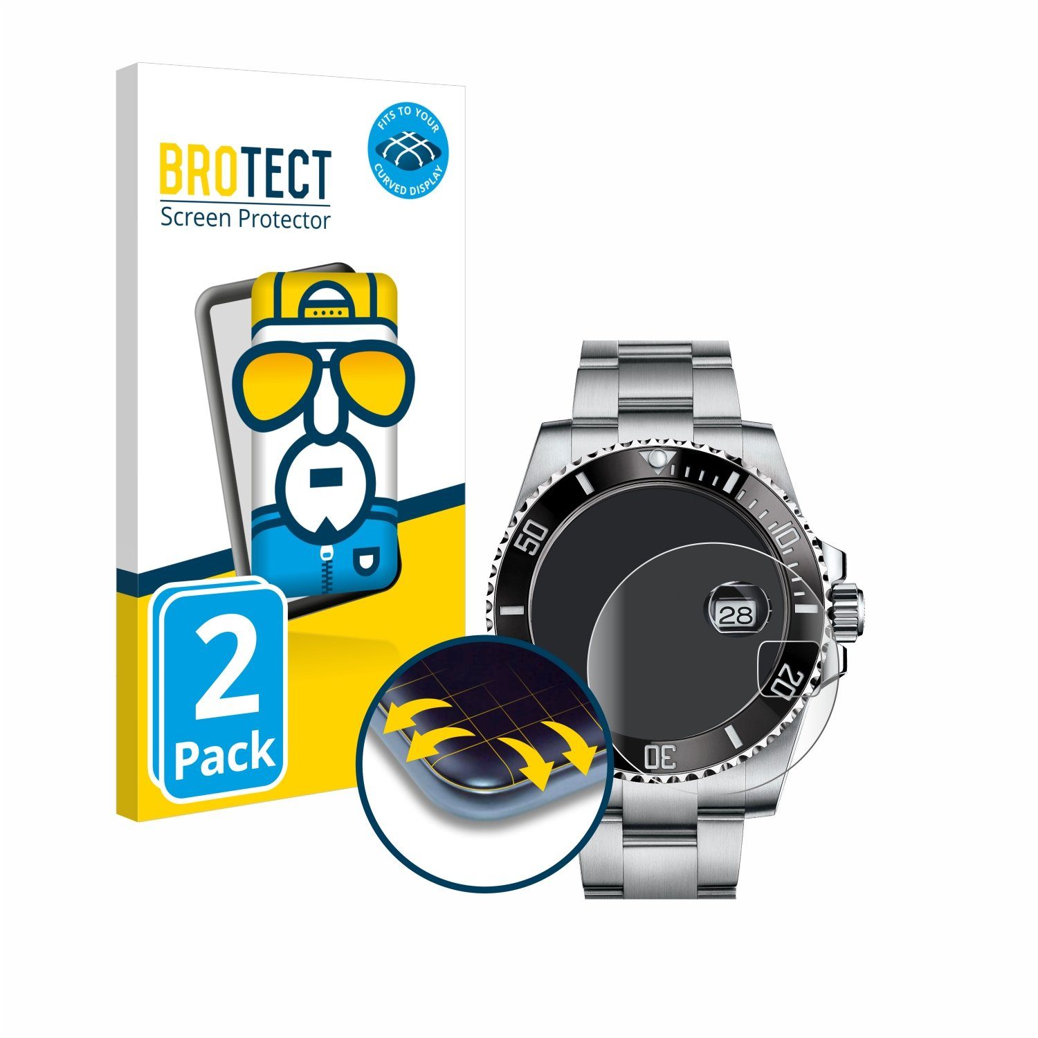 BROTECT Displayschutzfolie Fullscreen Schutzfolie für Rolex Submariner (Date), 2 Stück, Displayschutz Folie Fullcover Klar Transparent