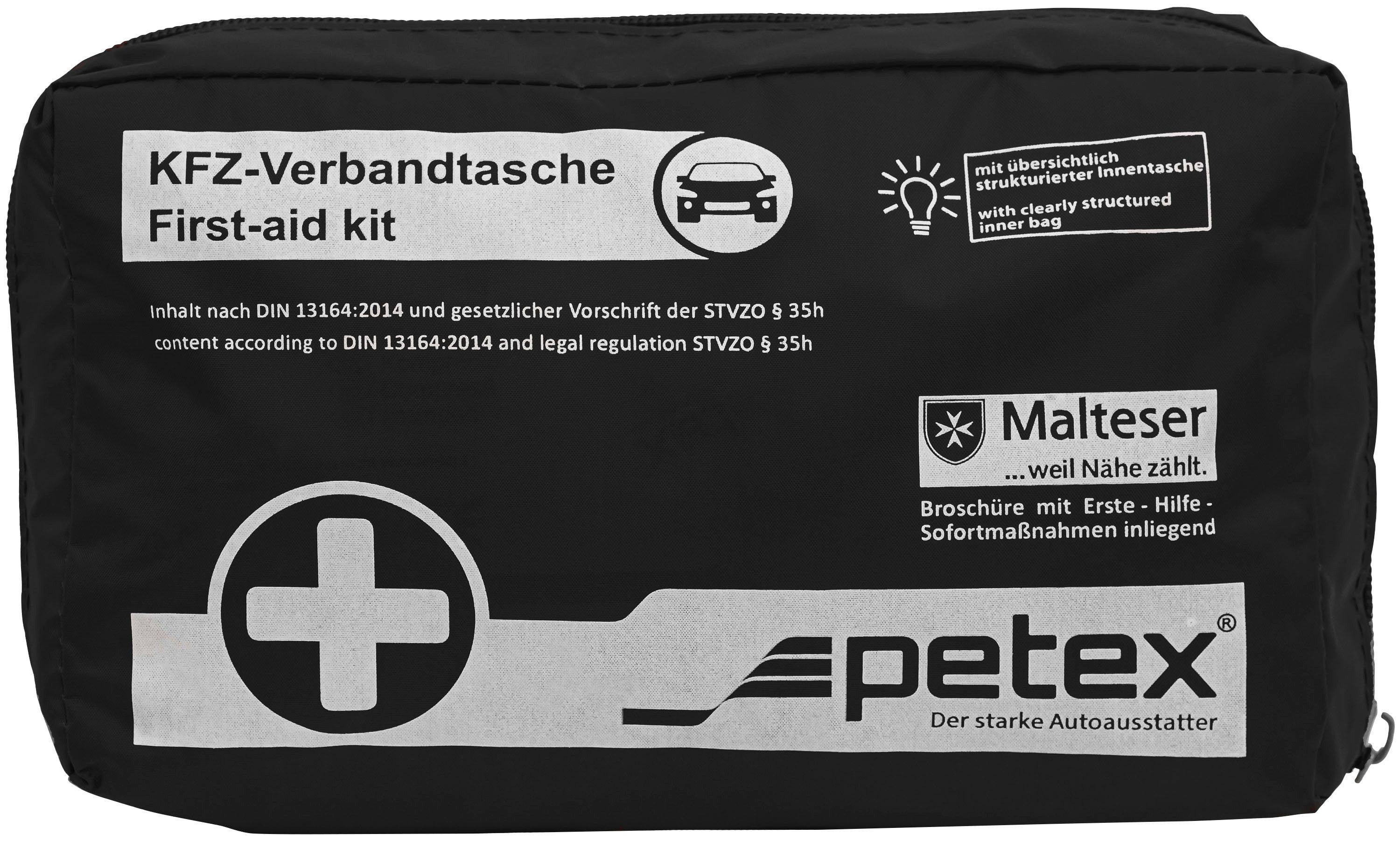 Ausrüstung  Petex KFZ-Verbandkasten Kombitasche PLUS, mit Inhalt nach DIN 13164:2014, inkl. Warndreieck und Sicherheitsweste