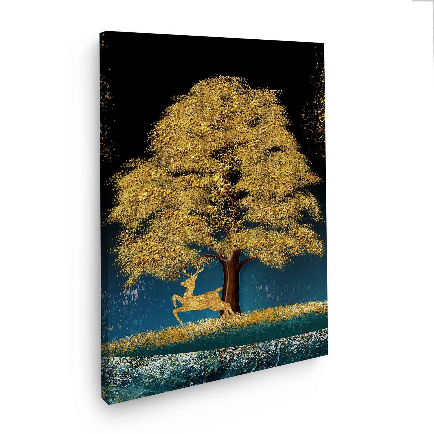 Artedinoi Leinwandbild Baum mit Hirsch in Gold Wandbild Leinwandbild Kunstdruck XXL Wanddeko, Baum mit Hirsch in Gold