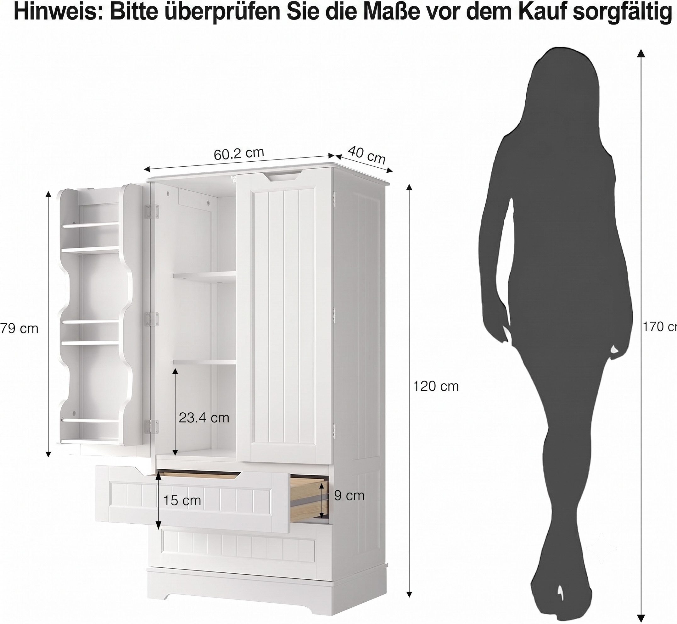 Blishom Sideboard Vorratsschrank Küchenschrank mit 2 Schubladen 2 Türen 60x40x120 cm, Esszimmer Buffetschrank Küchen-Vorratsschrank mit Kühlschranktür – Bild 3 von 5