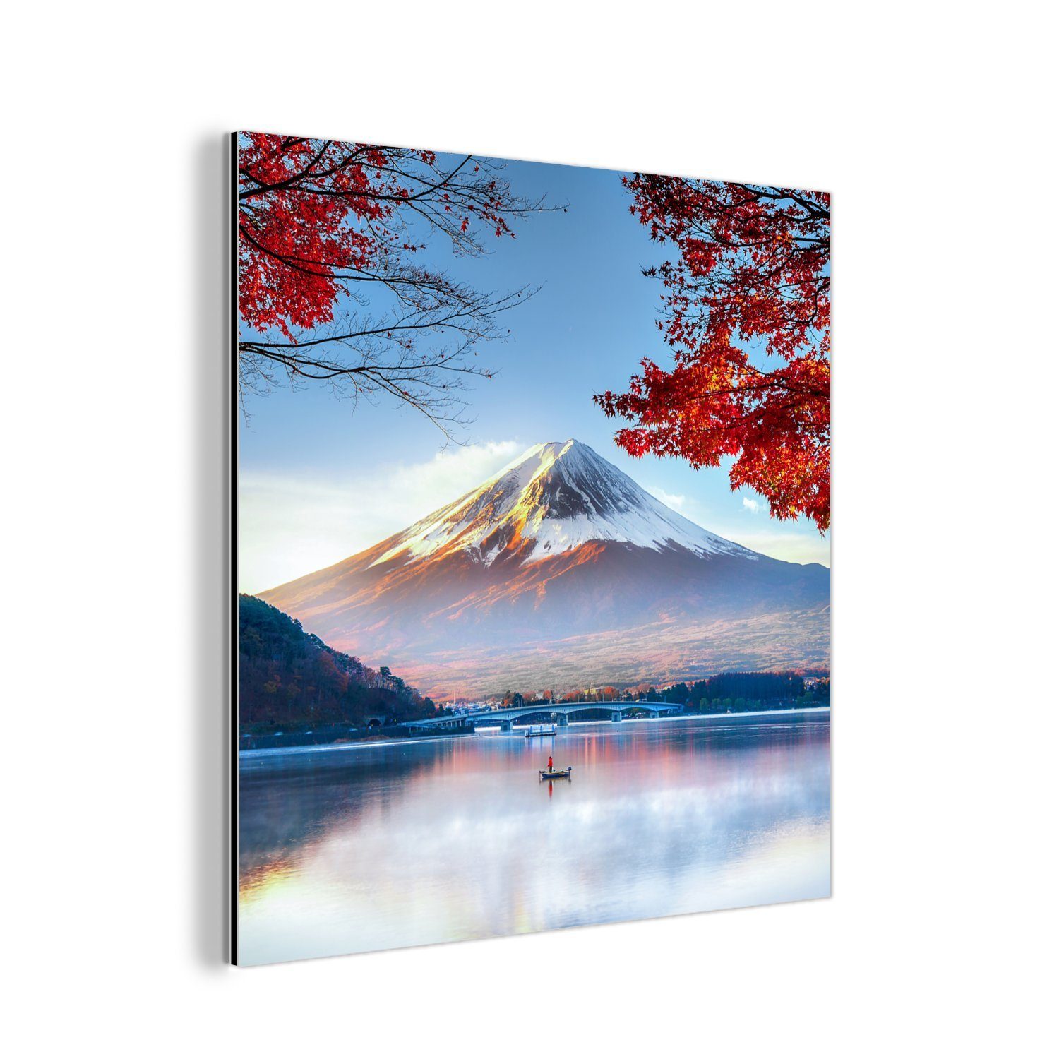MuchoWow Metallbild Der japanische Berg Fuji in Asien im Herbst, Inkl. Aufhängung, Alu-Dibond-Druck, Wandbild aus Metall, Aluminium deko, 20x20 cm