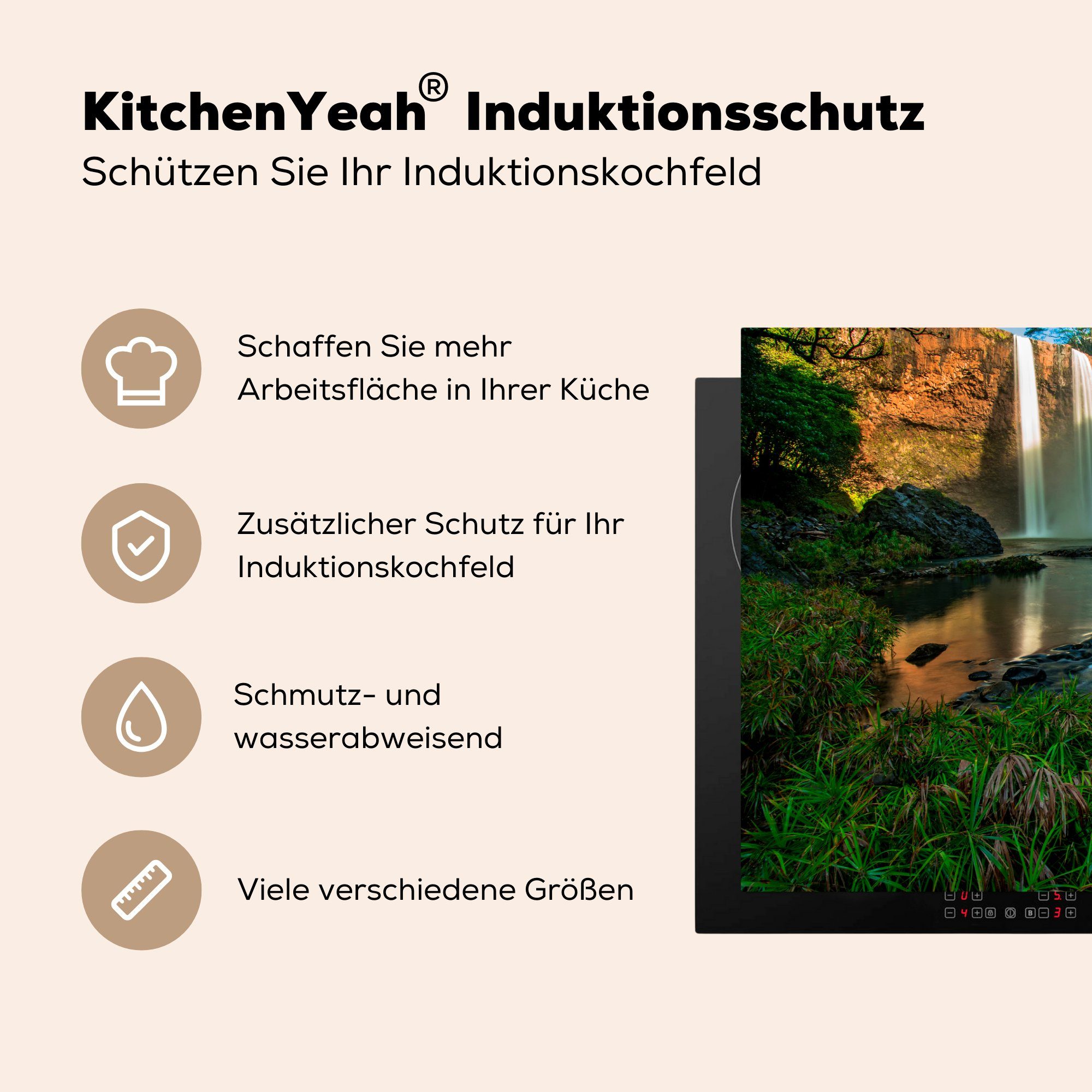 Induktionskochfeld cm, Wasserfall küche, Vinyl, (1 Herdblende-/Abdeckplatte die tlg), MuchoWow im Ceranfeldabdeckung für Wald, Schutz 81x52