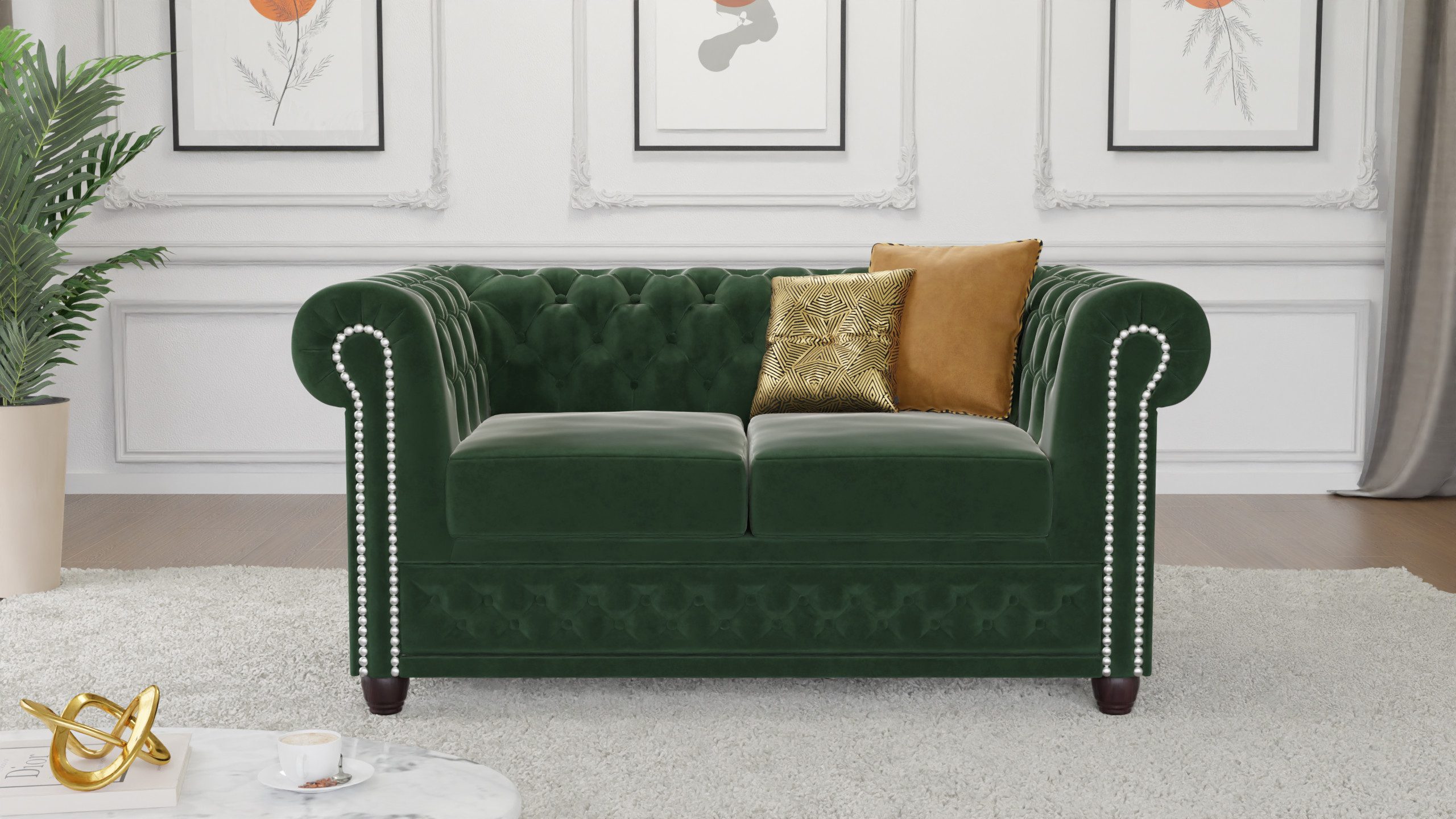 S-Style Möbel Chesterfield-Sofa Chesterfield Lena 2-Sitzer aus Samt-Stoff mit Holzfüßen, 2-Sitzer, mit Wellenfederung