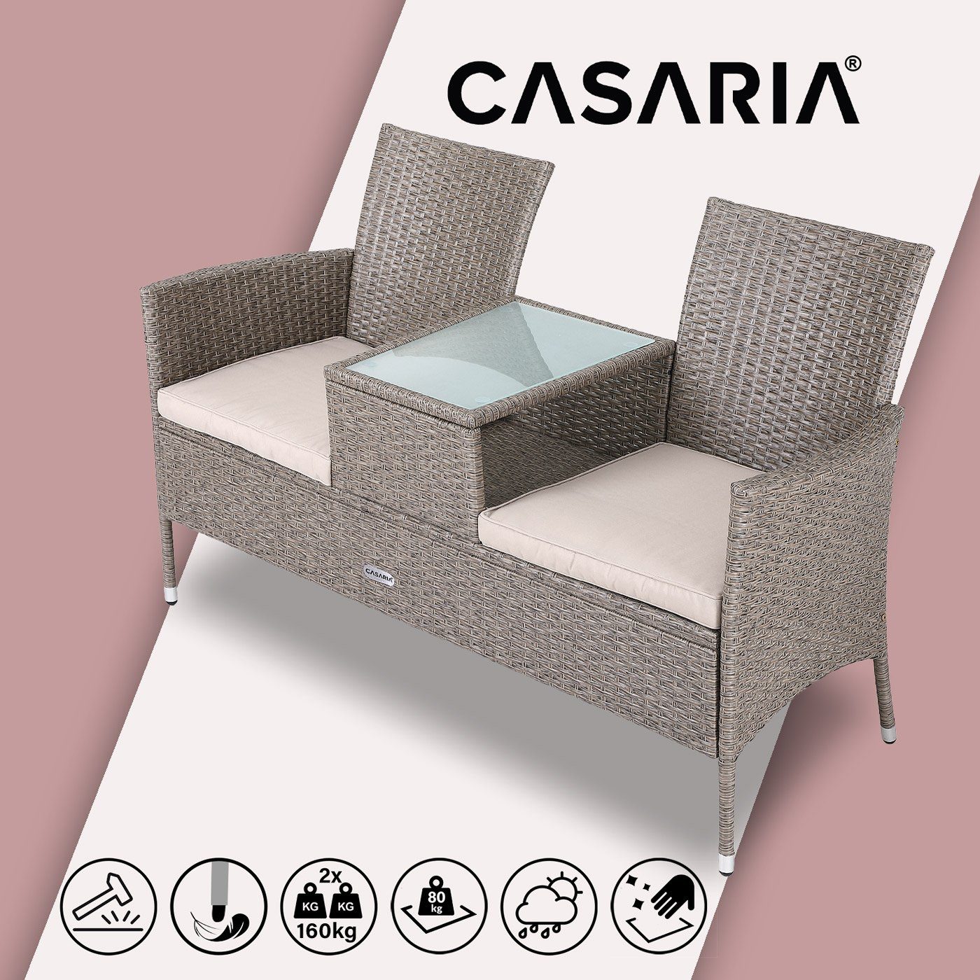 Casaria Gartenbank, Creme Tisch inkl. Auflagen 320kg 143x55x88cm Polyrattan Wetterfest