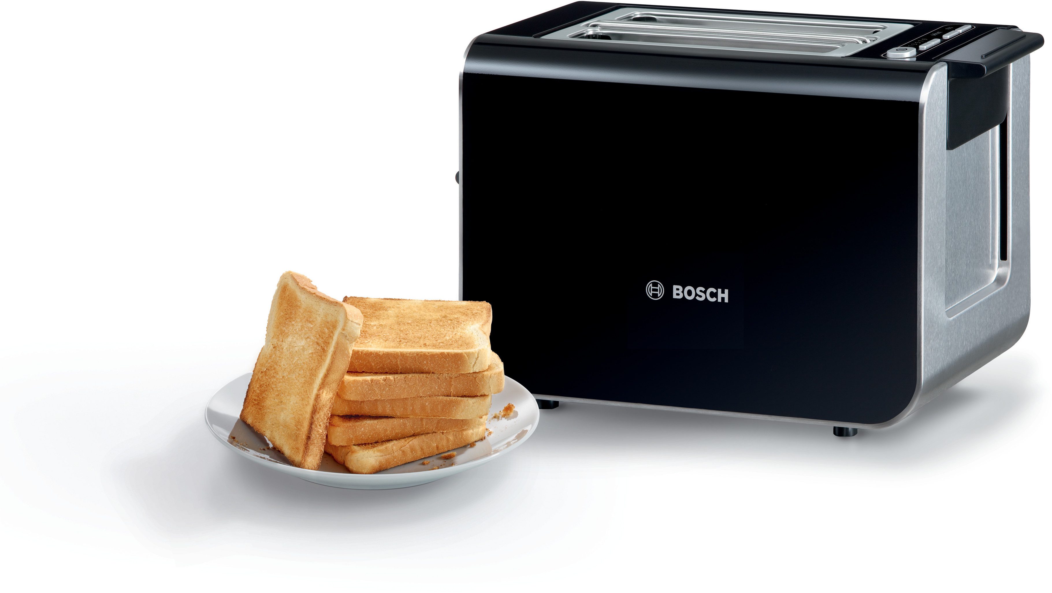 BOSCH Toaster Styline TAT8613N, integrierter Brötchenaufsatz, Liftfunktion, 860 W, Auftaufunktion, Abschaltautomatik, Brotzentrierung, Edelstahl/schwarz