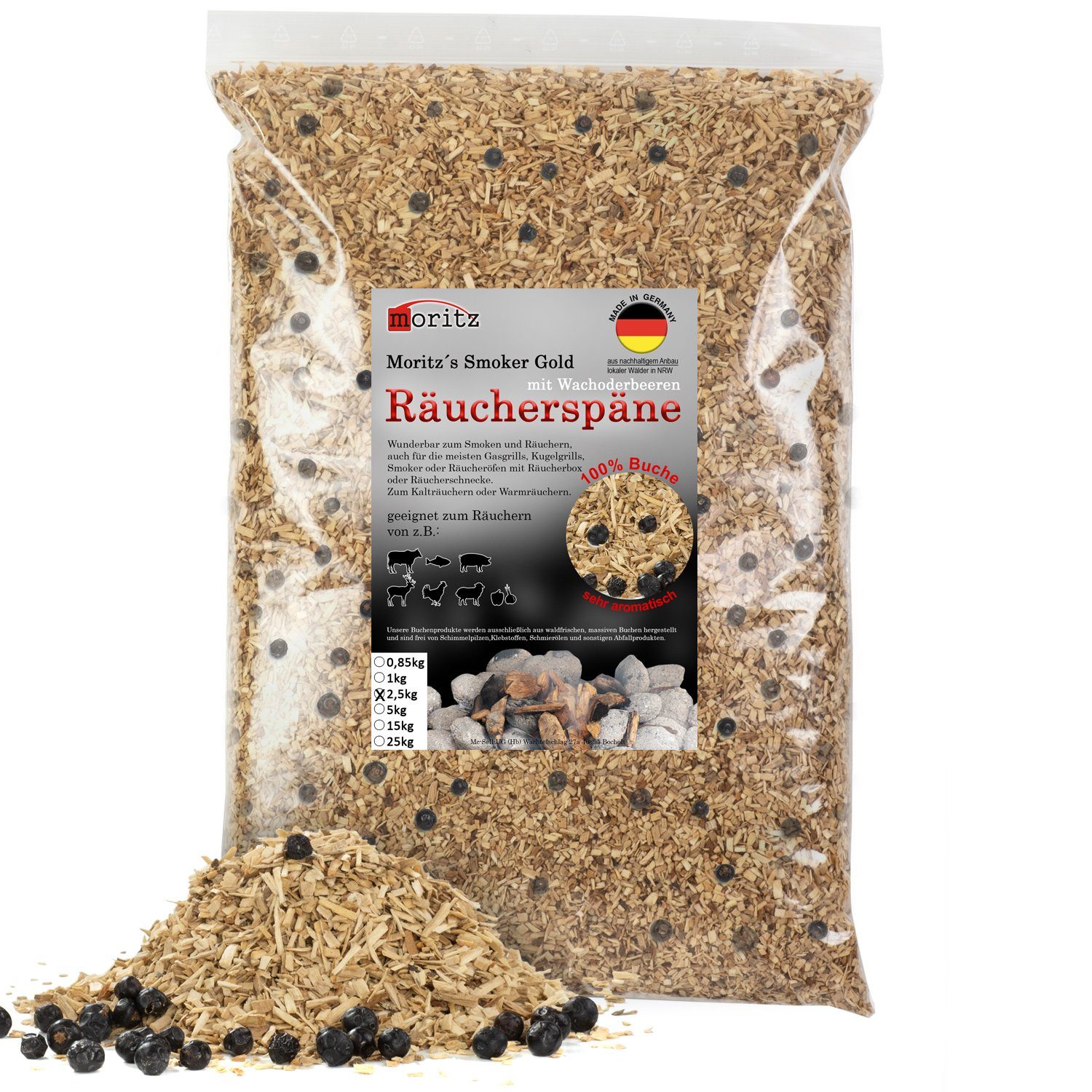 Moritz Räucherbox 2,5kg Räucherspäne Buche mit Wacholder fein 0,75 2