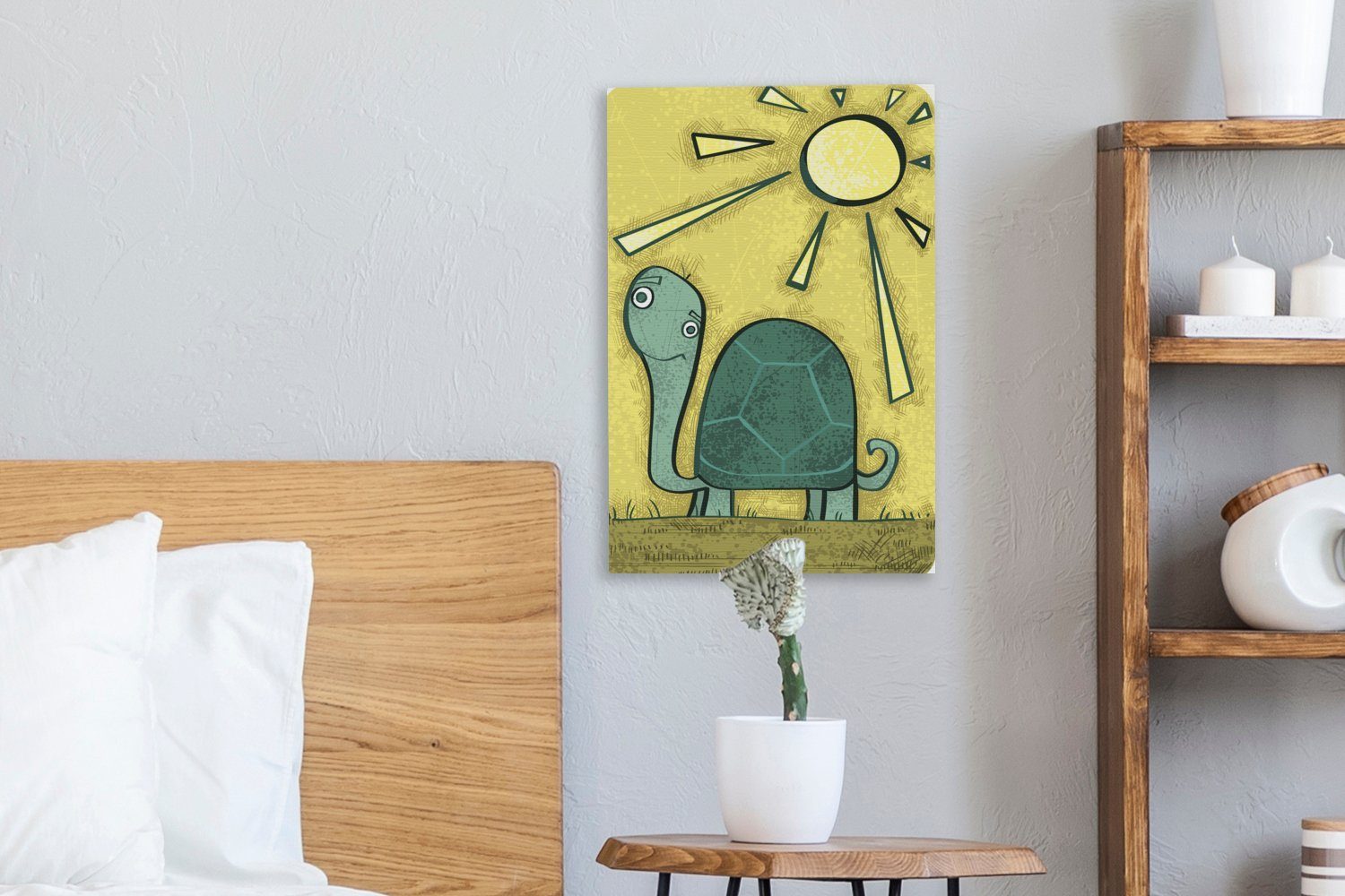 fertig 20x30 St), bespannt Sonne, Leinwandbild der Leinwandbild Gemälde, Illustration OneMillionCanvasses® einer Schildkröte in grünen inkl. (1 cm Zackenaufhänger,