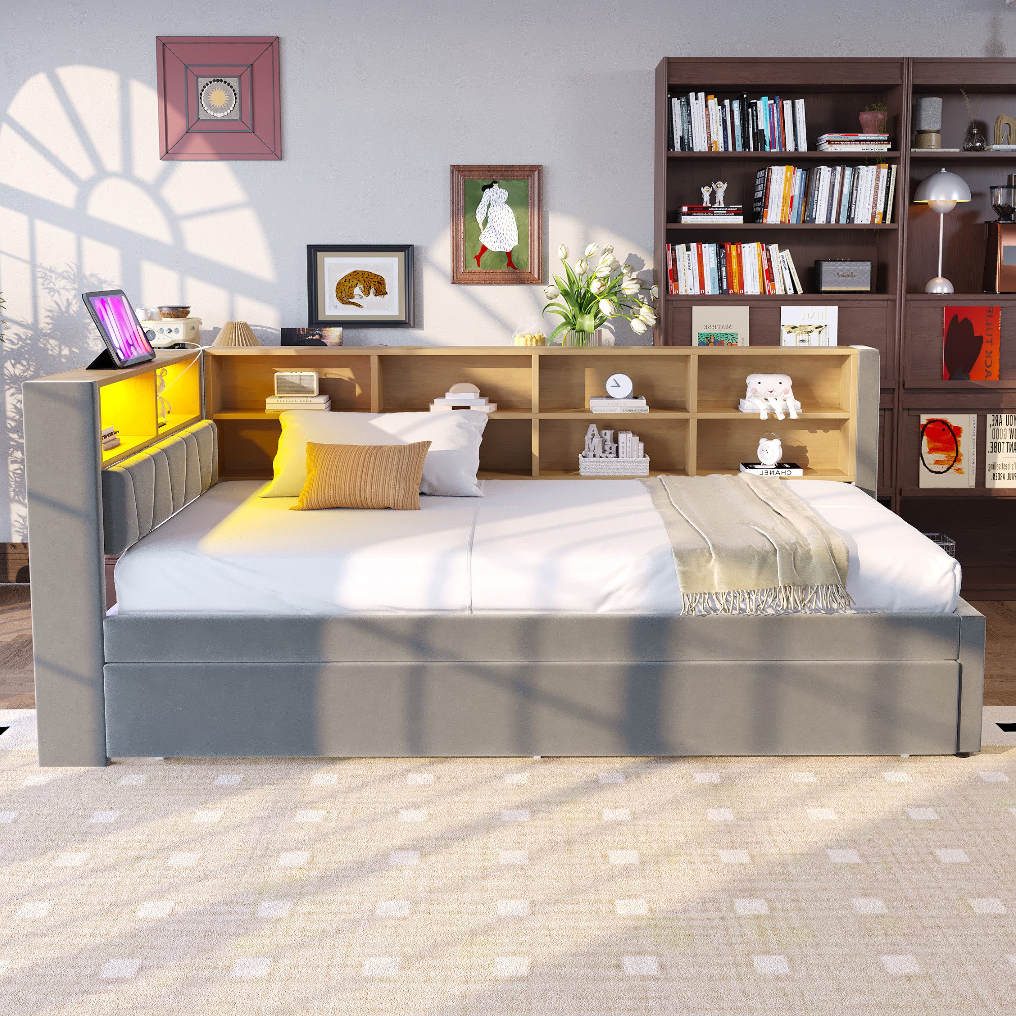 Flieks Daybett, Kinderbett Polsterbett 90x200cm mit LED Steckdose Ausziehbe günstig online kaufen