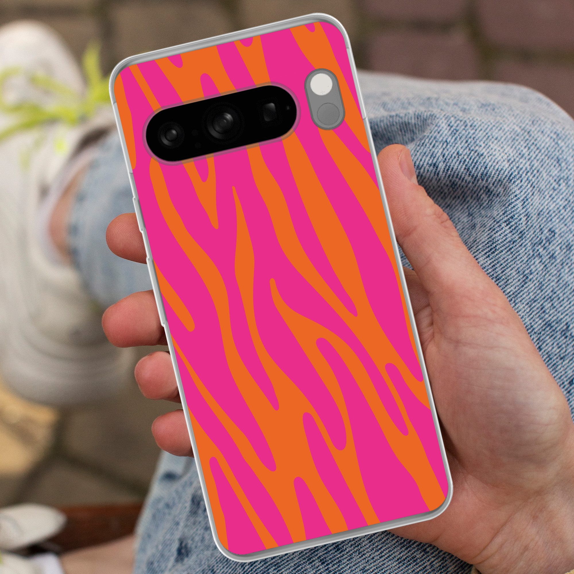 MuchoWow Handyhülle für Google Pixel 8 Pro Zebramuster - Rosa - Orange - Tiermuster, Phone Case, Silikon, Schutzhülle Dünn