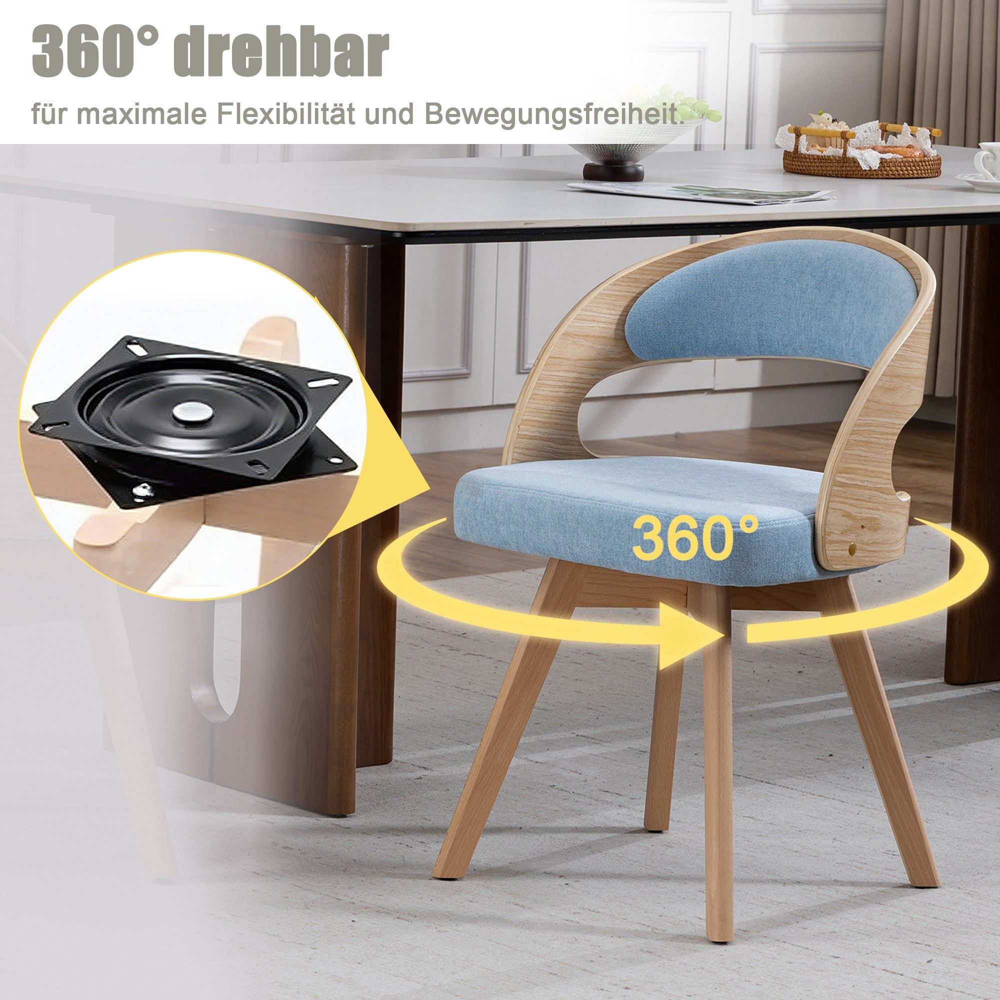 LVHOM Esszimmerstuhl 360° drehbar, geschwungene Rückenlehne, Massivholzrahmen, 2er-Set (Leinenstoff, ergonomisches Design,verstellbare, rutschfeste Füße, nach a – Bild 3 von 5