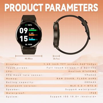 Bmoled Fur Damen mit Telefonfunktion Fitness Tracker IP68 Smartwatch (1,45 Zoll, Android iOS), mit MenstruationszyklusKalorien Pulsmesser Schrittzähler 100+Sportmodi