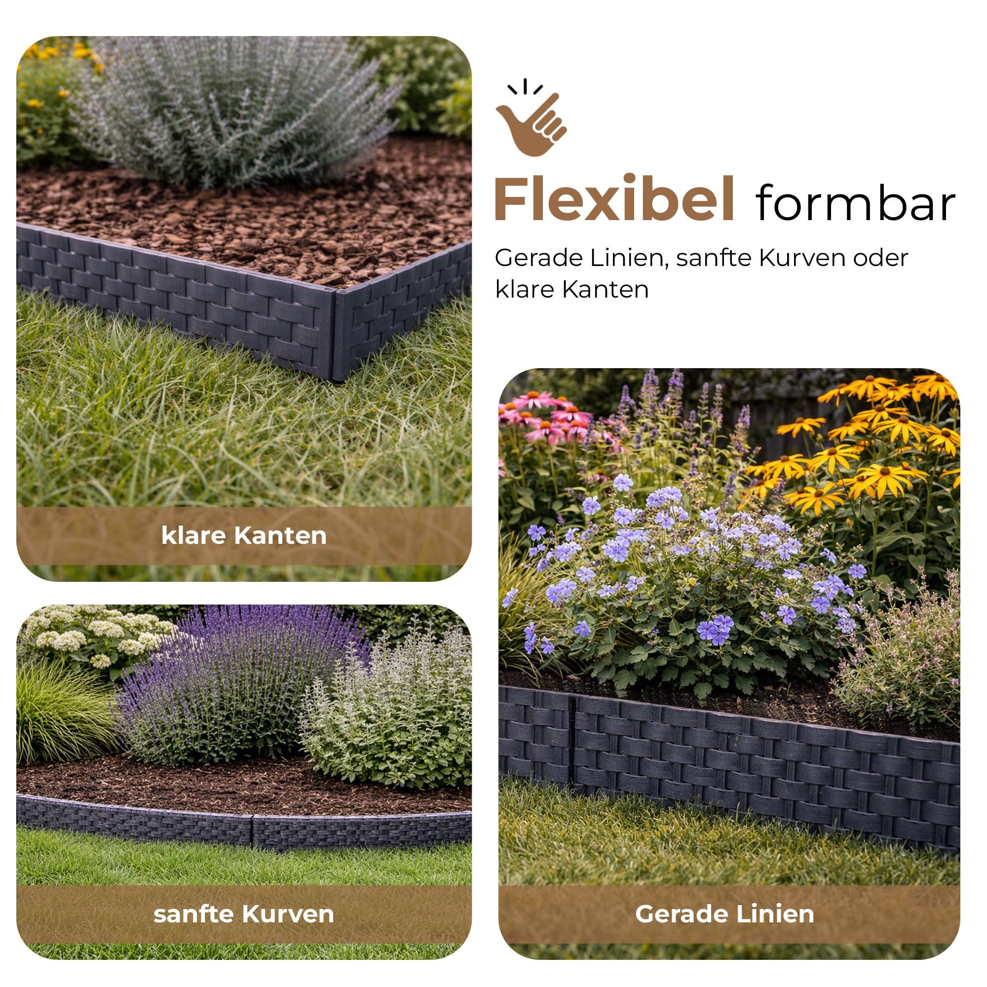 BooGardi Beetumrandung Rasenkante Rattanoptik, LxH: 400x9,5 cm, 5 Stück Anthrazit, Beeteinfassung flexibel Mähkante Gartenzaun